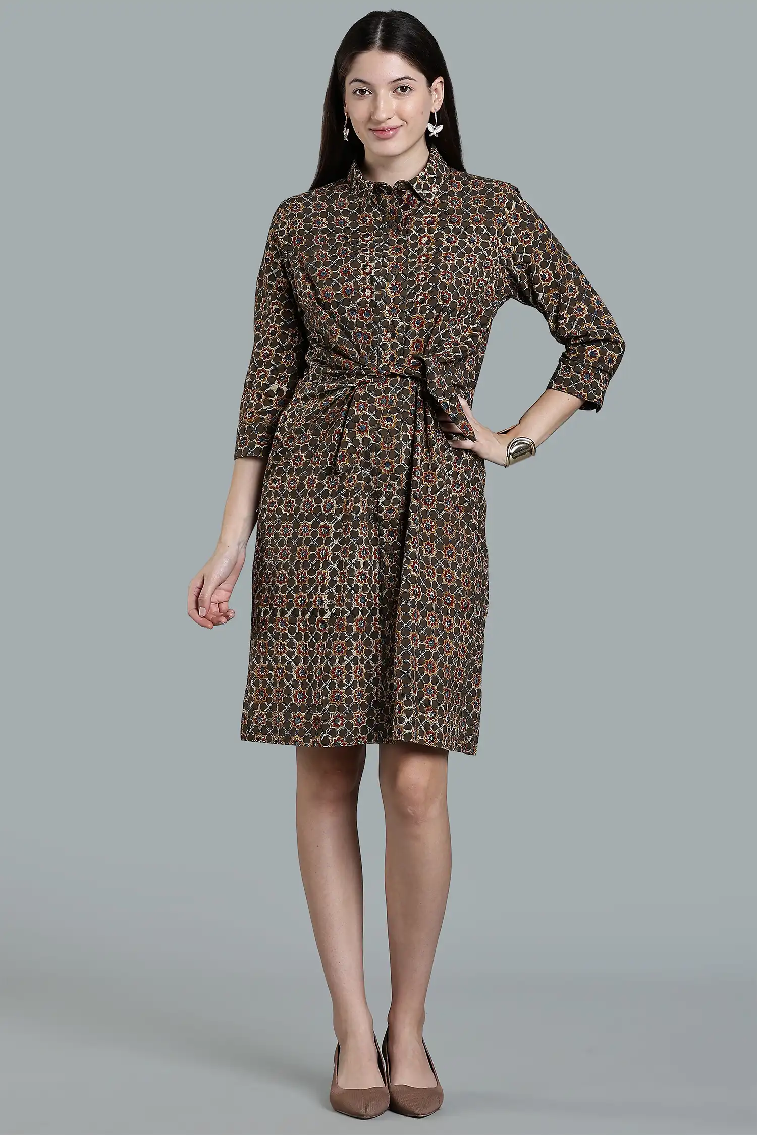 KALAMKARI DRESS GREEN REGULAR COLLAR TIE AT WAIST - GREEN - Image 2