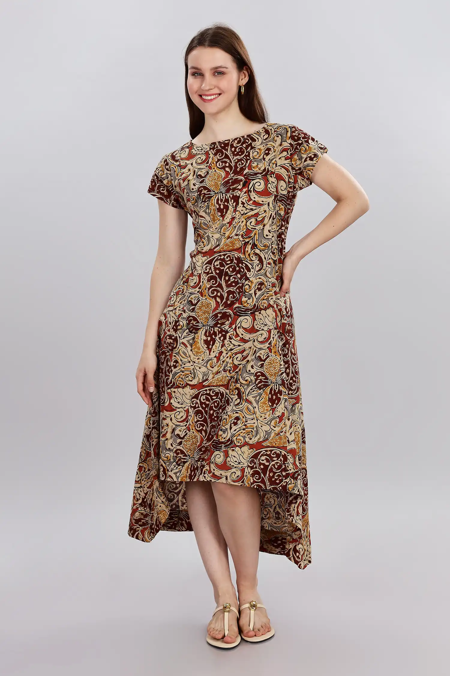 KALAMKARI COTTON DRESS CAP SLEEVES HIGH LOW HEM - COLA
