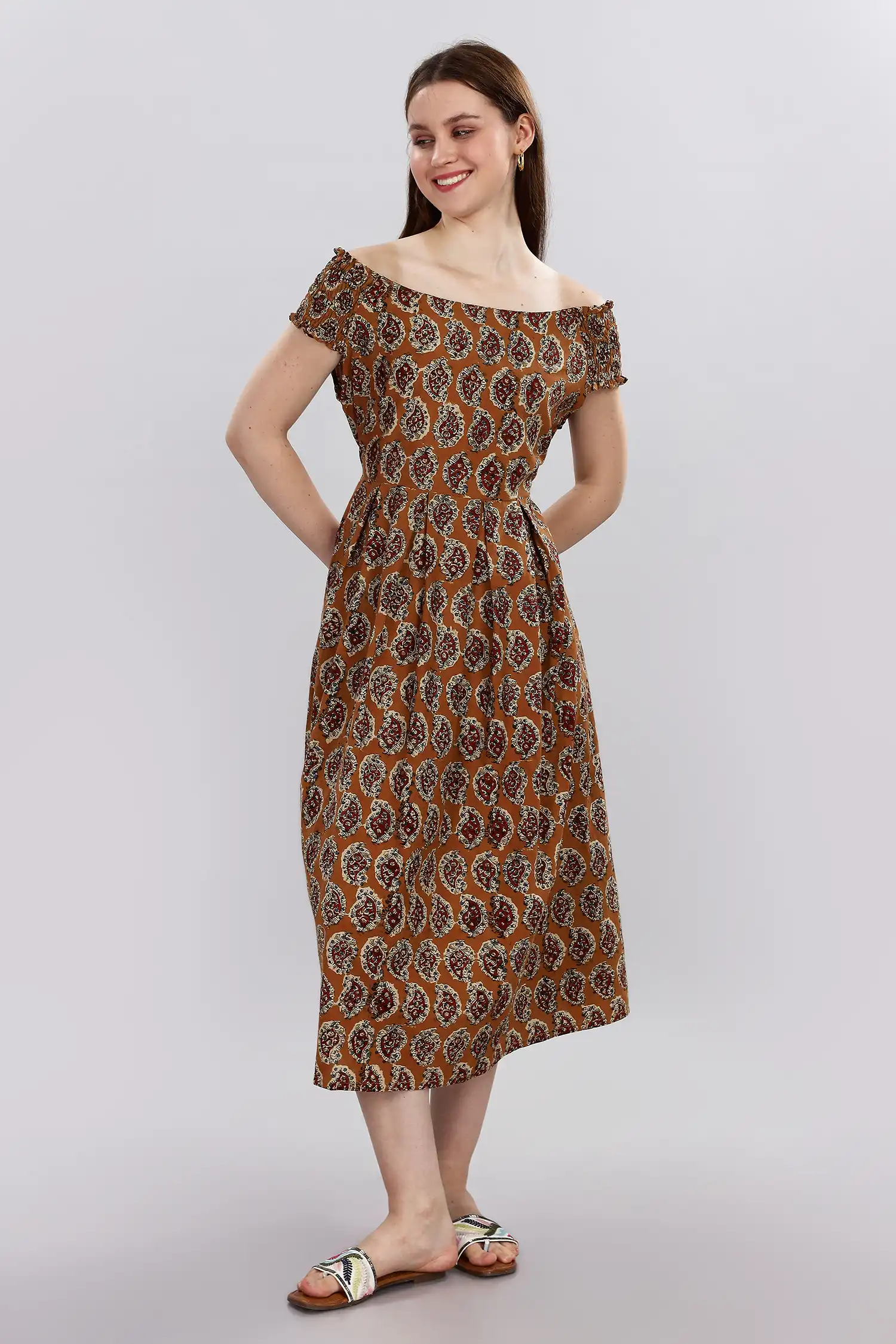 KALAMKARI COTTON DRESS OFF SHOULDER - YELLOW - Image 7