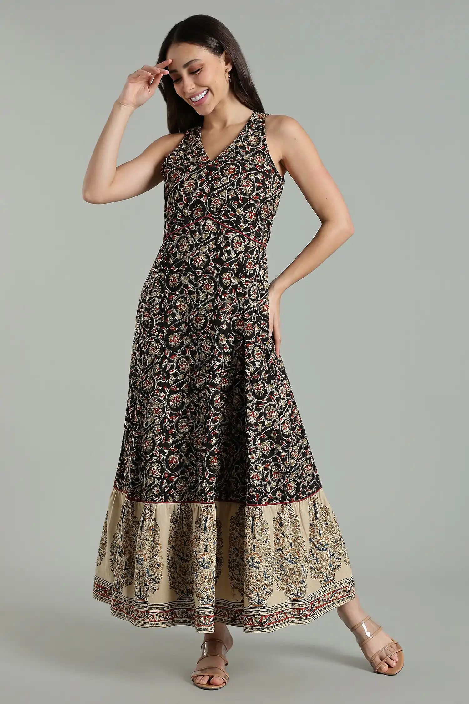 KALAMKARI COTTON DRESS HALTER BORDER TIER - BLACK - Image 5