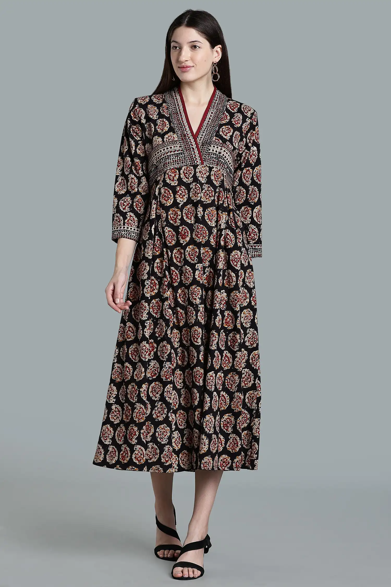 KALAMKARI COTTON DRESS FUNNEL NECK 3Q - BLACK - Image 5