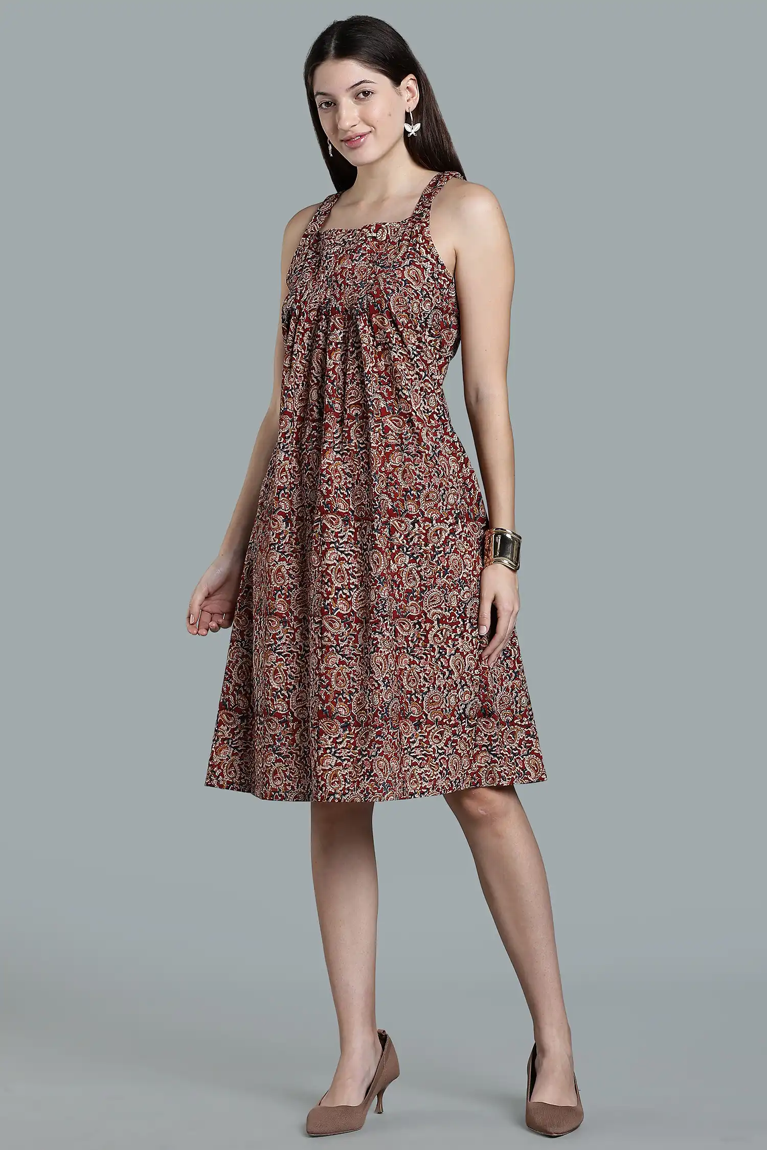 KALAMKARI COTTON DRESS PLEATED NECK DETAIL SLEEVELESS - RED - Image 2