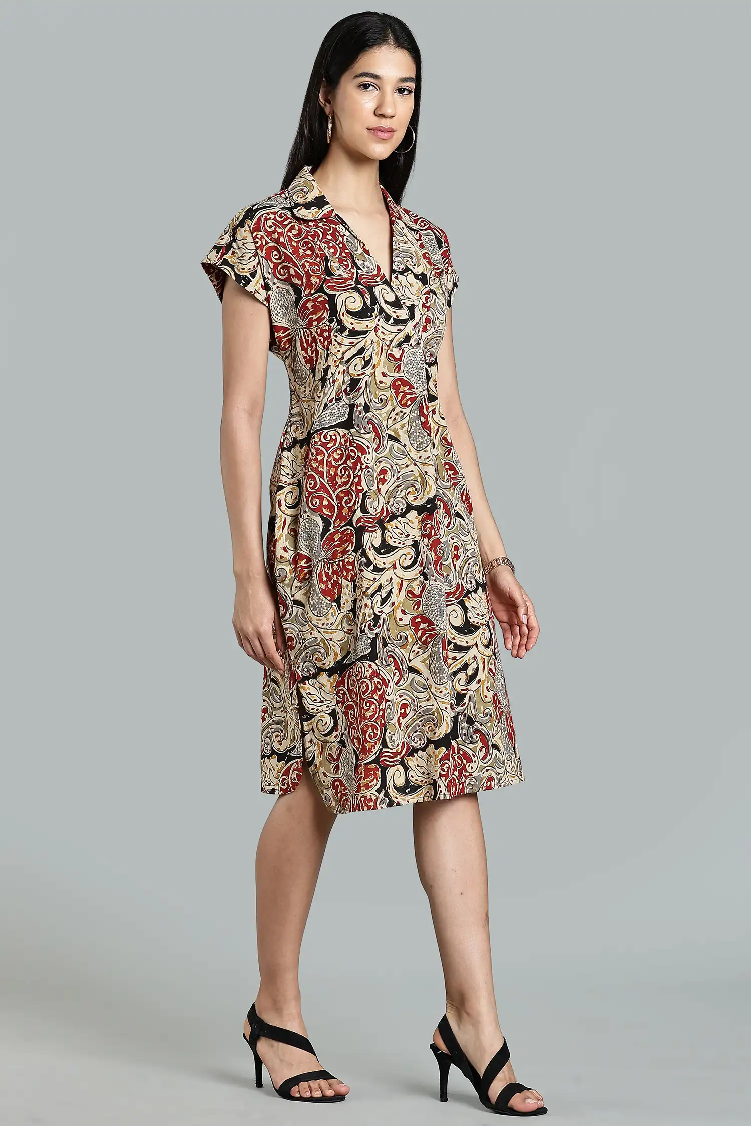 KALAMKARI COTTON SHIFT DRESS MAGYAR SLEEVE - BLACK