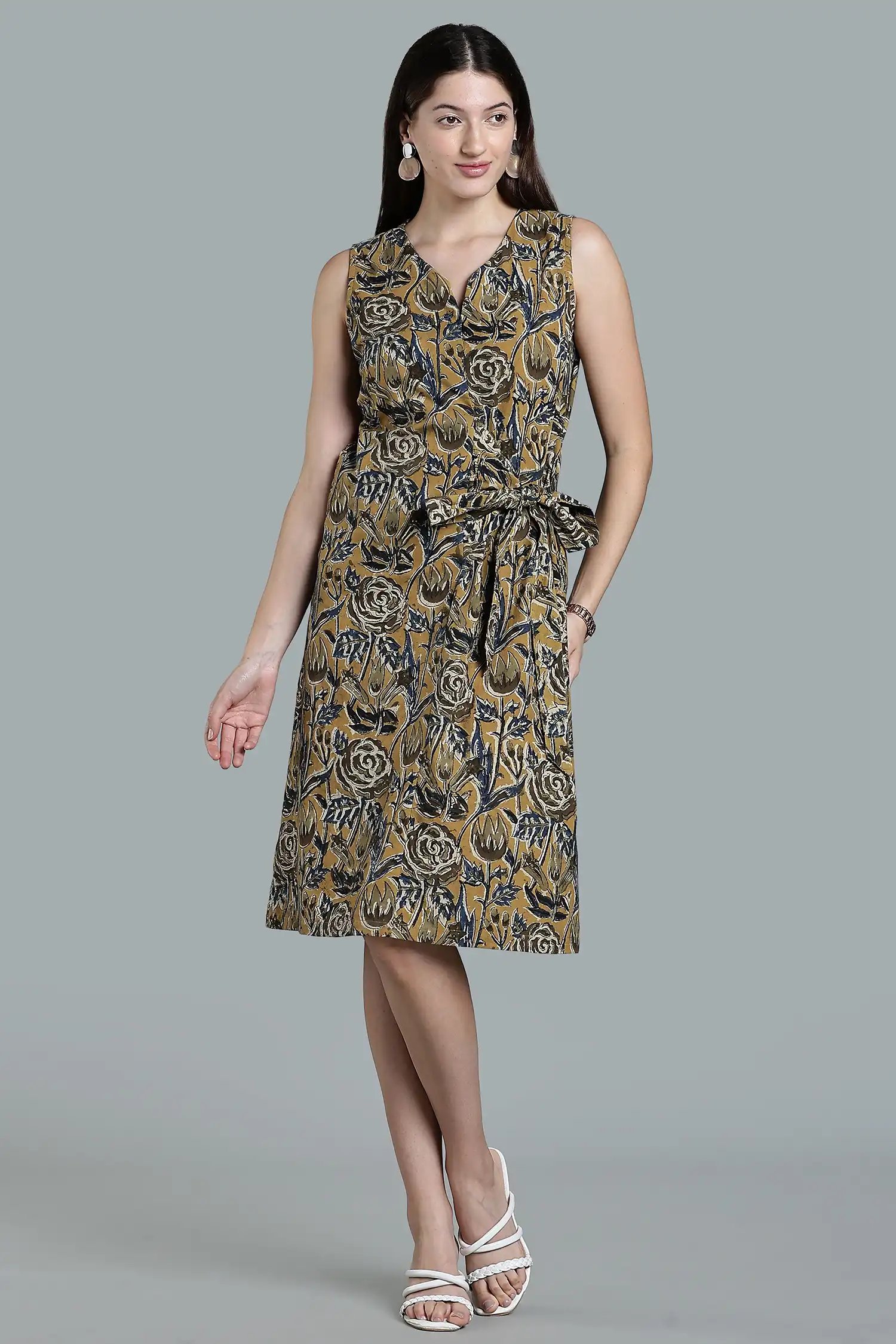 KALAMKARI COTTON DRESS CROSSOVER TIE AT WAIST - YELLOW