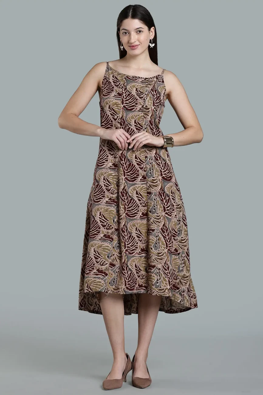 KALAMKARI COTTON STRAP DRESS HIGH LOW HEM - COLA