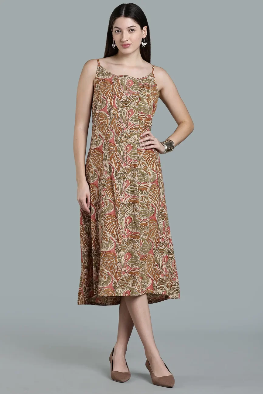 KALAMKARI COTTON STRAP DRESS HIGH LOW HEM - YELLOW
