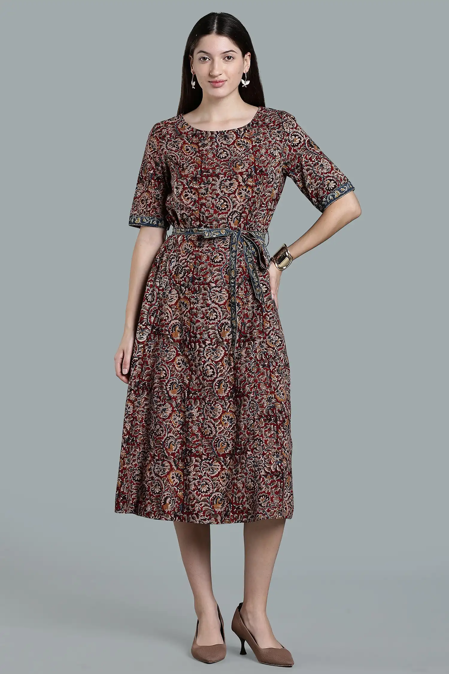 KALAMKARI COTTON DRESS ELBOW SLEEVE BELT DETAIL - RED