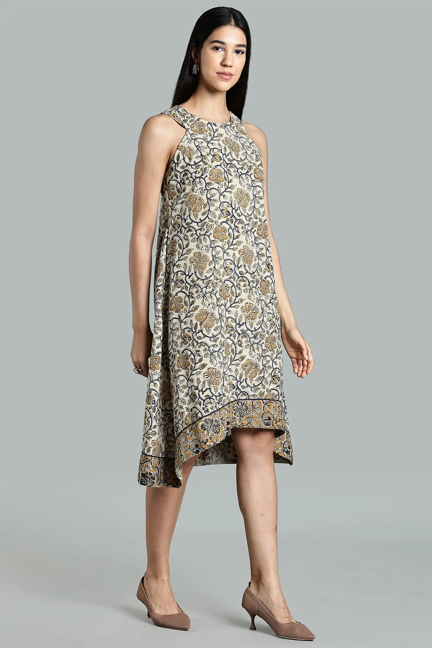 KALAMKARI COTTON DRESS CUT AWAY HIGH LOW HEM - YELLOW - Image 2