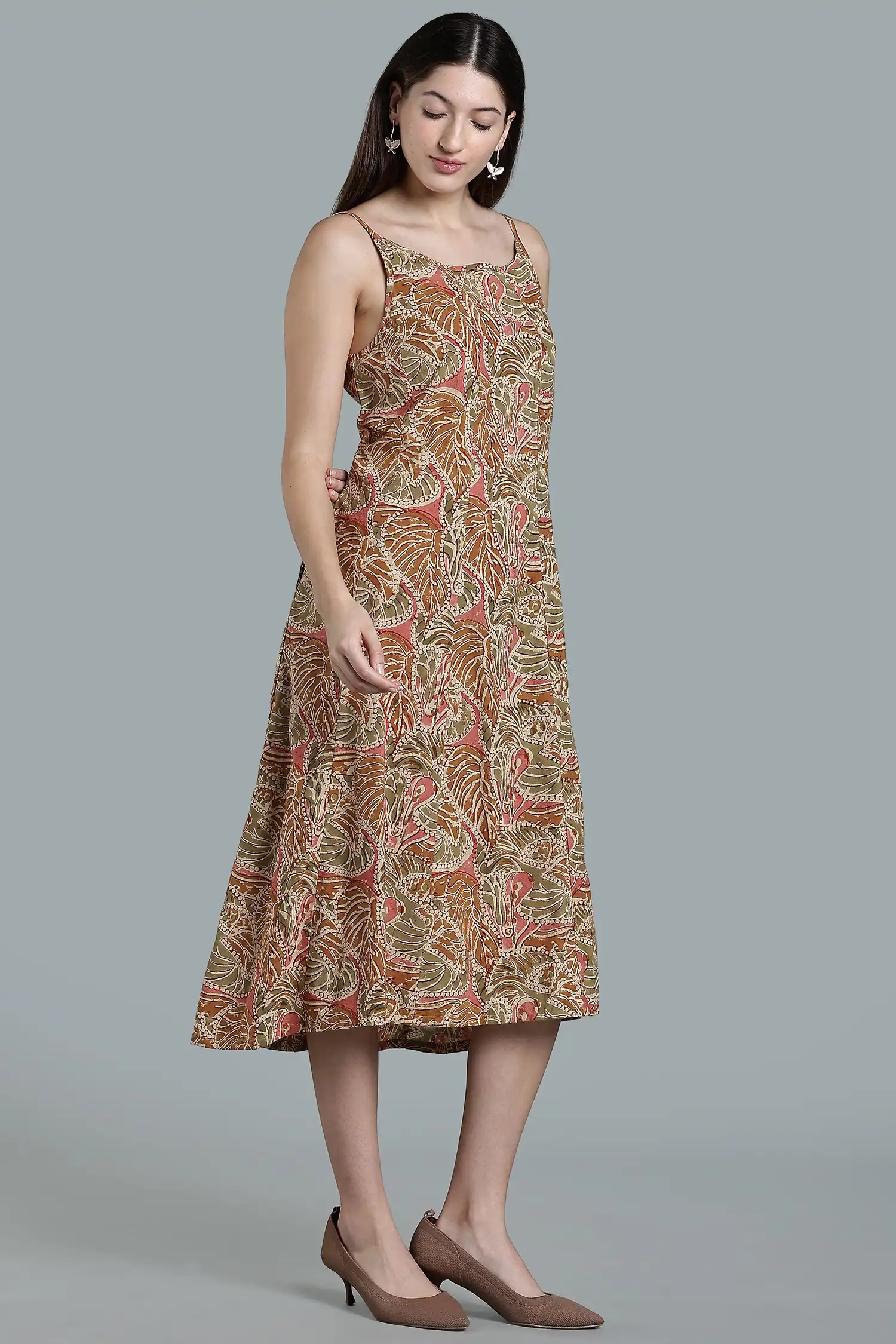 KALAMKARI COTTON STRAP DRESS HIGH LOW HEM - YELLOW - Image 2