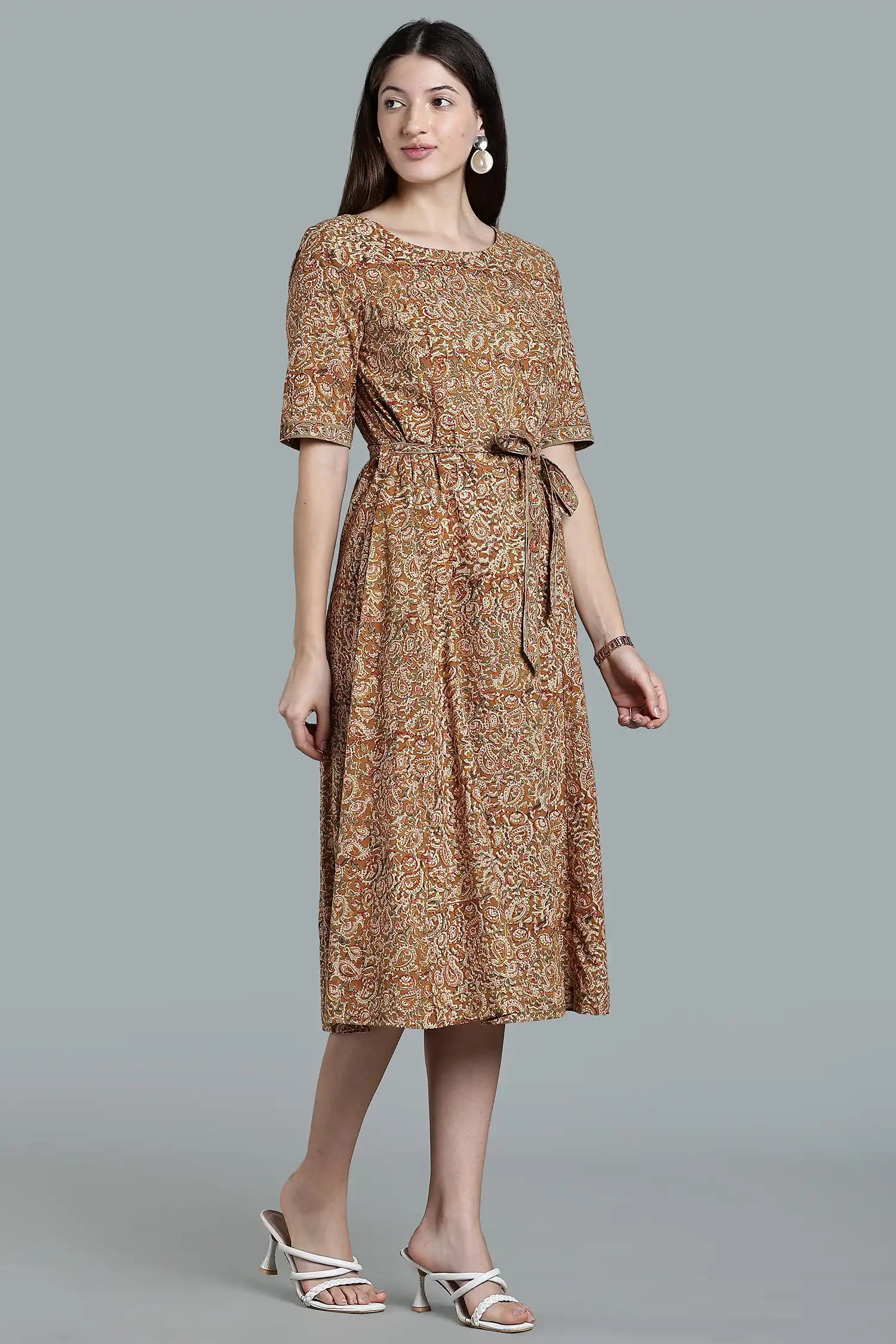 KALAMKARI COTTON DRESS ELBOW SLEEVE BELT DETAIL - YELLOW - Image 7