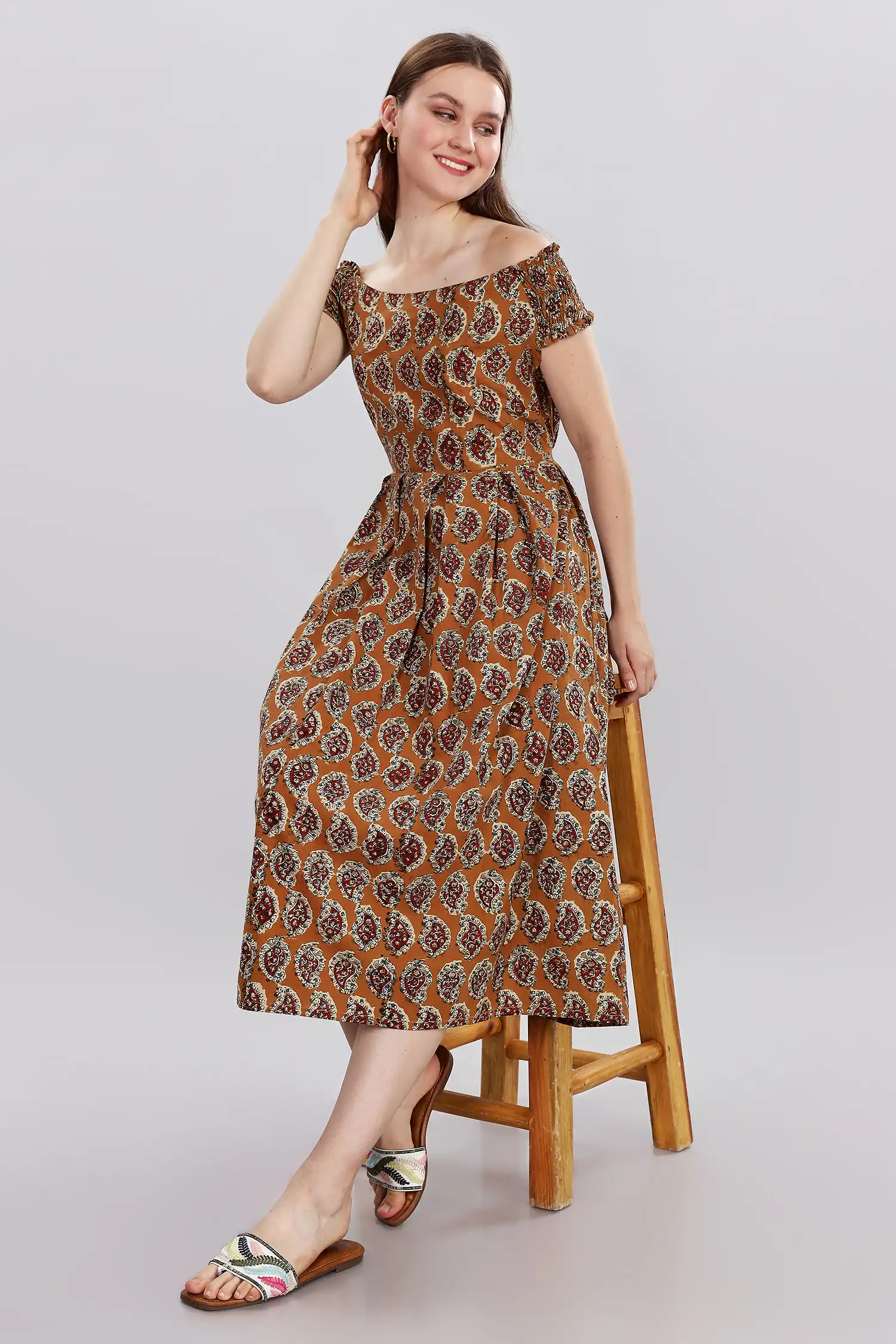 KALAMKARI COTTON DRESS OFF SHOULDER - YELLOW - Image 6