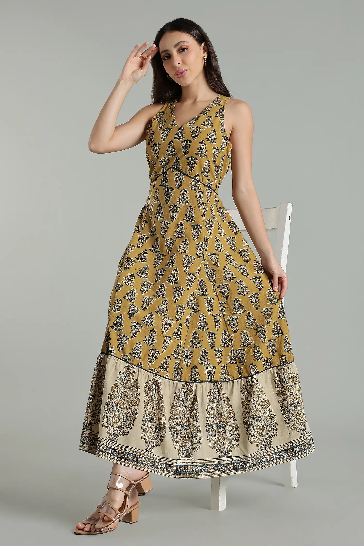 KALAMKARI COTTON DRESS HALTER BORDER TIER - YELLOW - Image 3