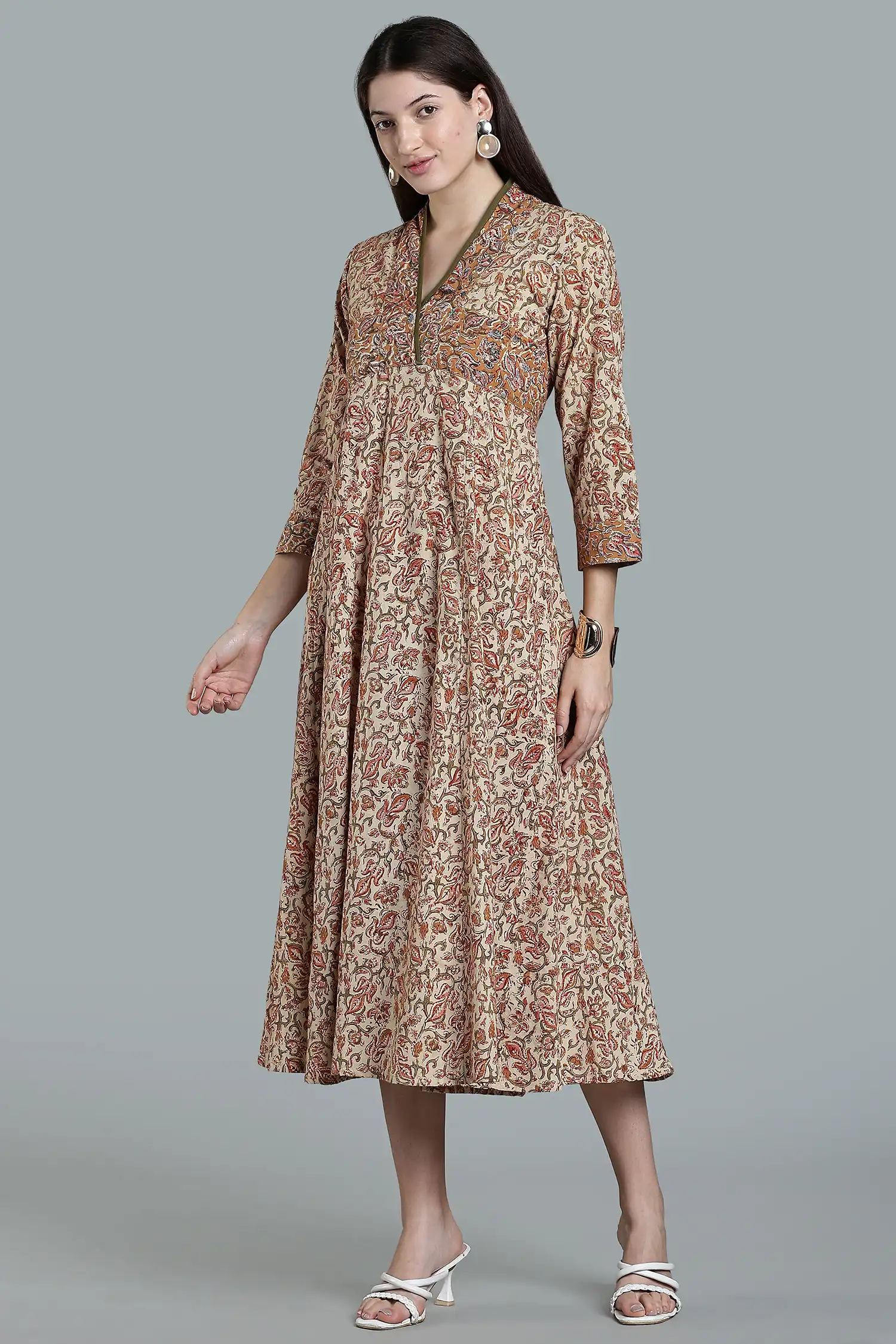 KALAMKARI COTTON DRESS FUNNEL NECK 3Q - YELLOW