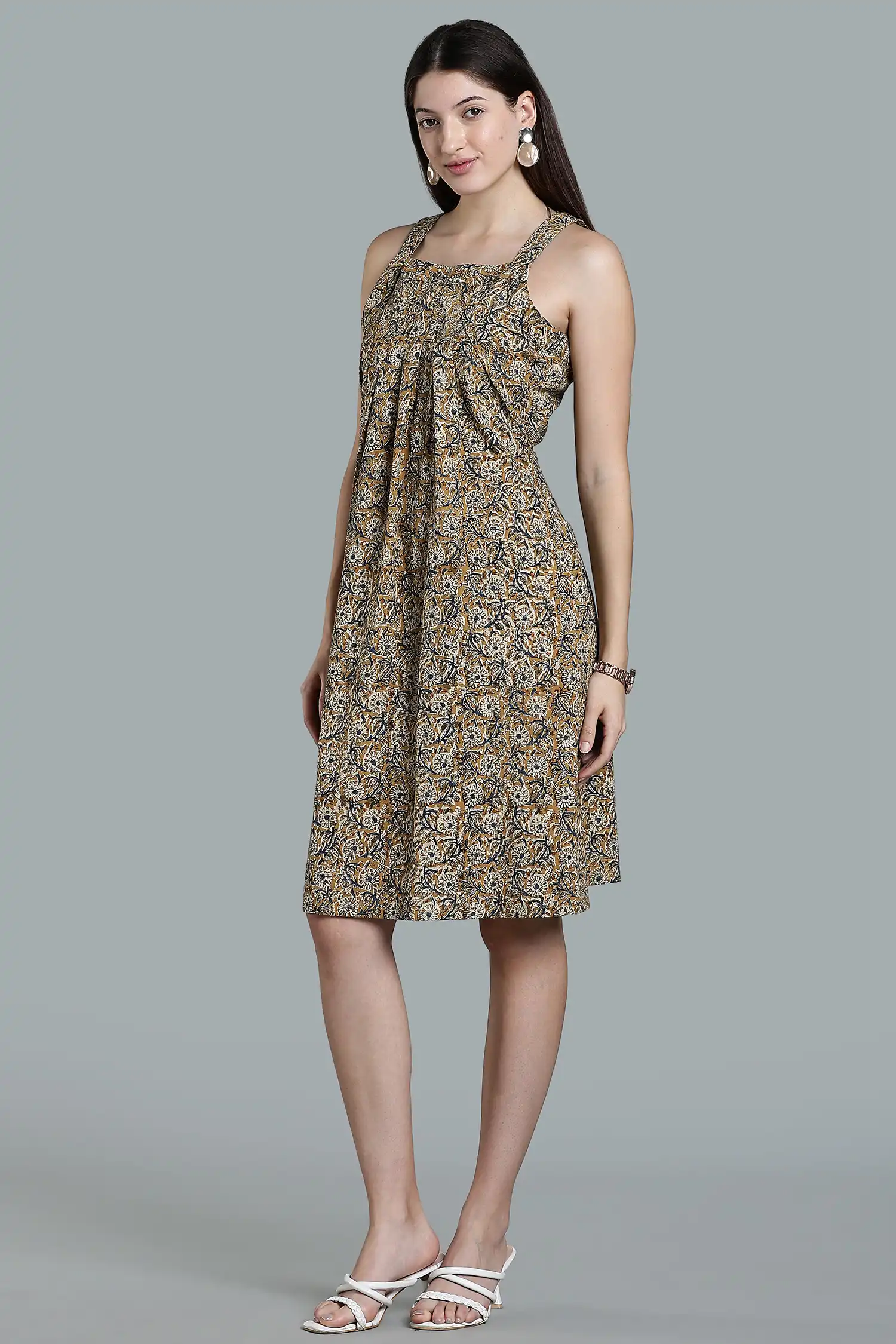 KALAMKARI COTTON DRESS PLEATED NECK DETAIL SLEEVELESS -YELLOW - Image 2