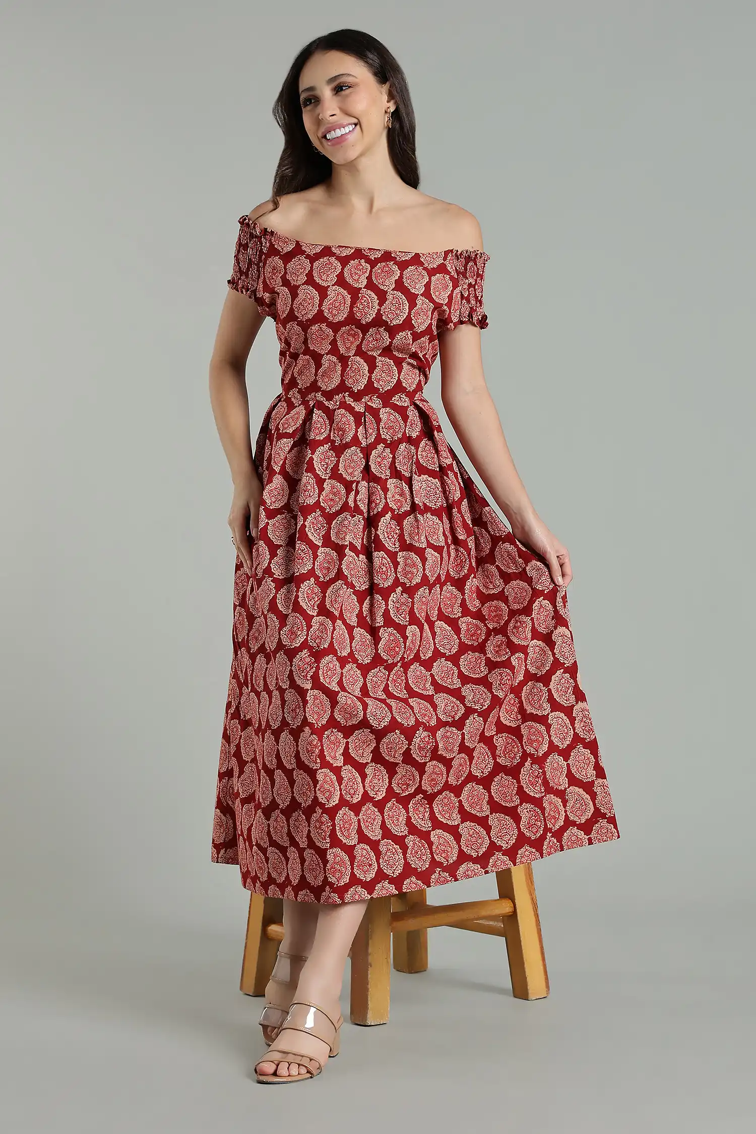 KALAMKARI COTTON DRESS OFF SHOULDER - RED - Image 3