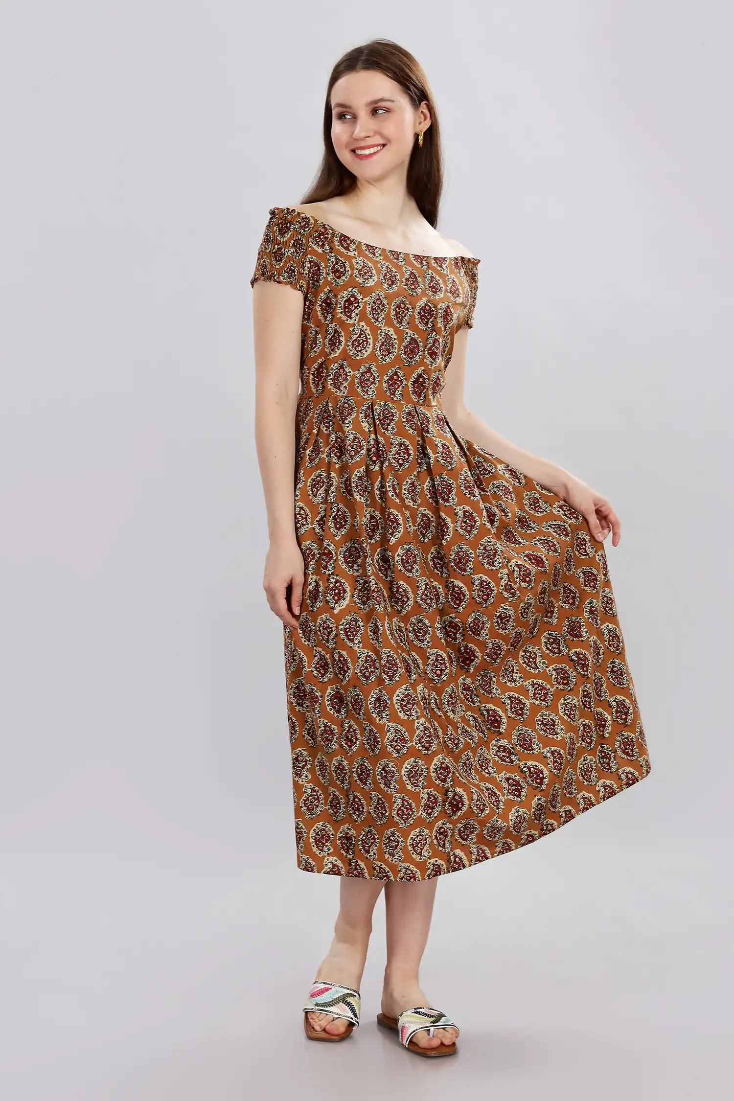 KALAMKARI COTTON DRESS OFF SHOULDER - YELLOW