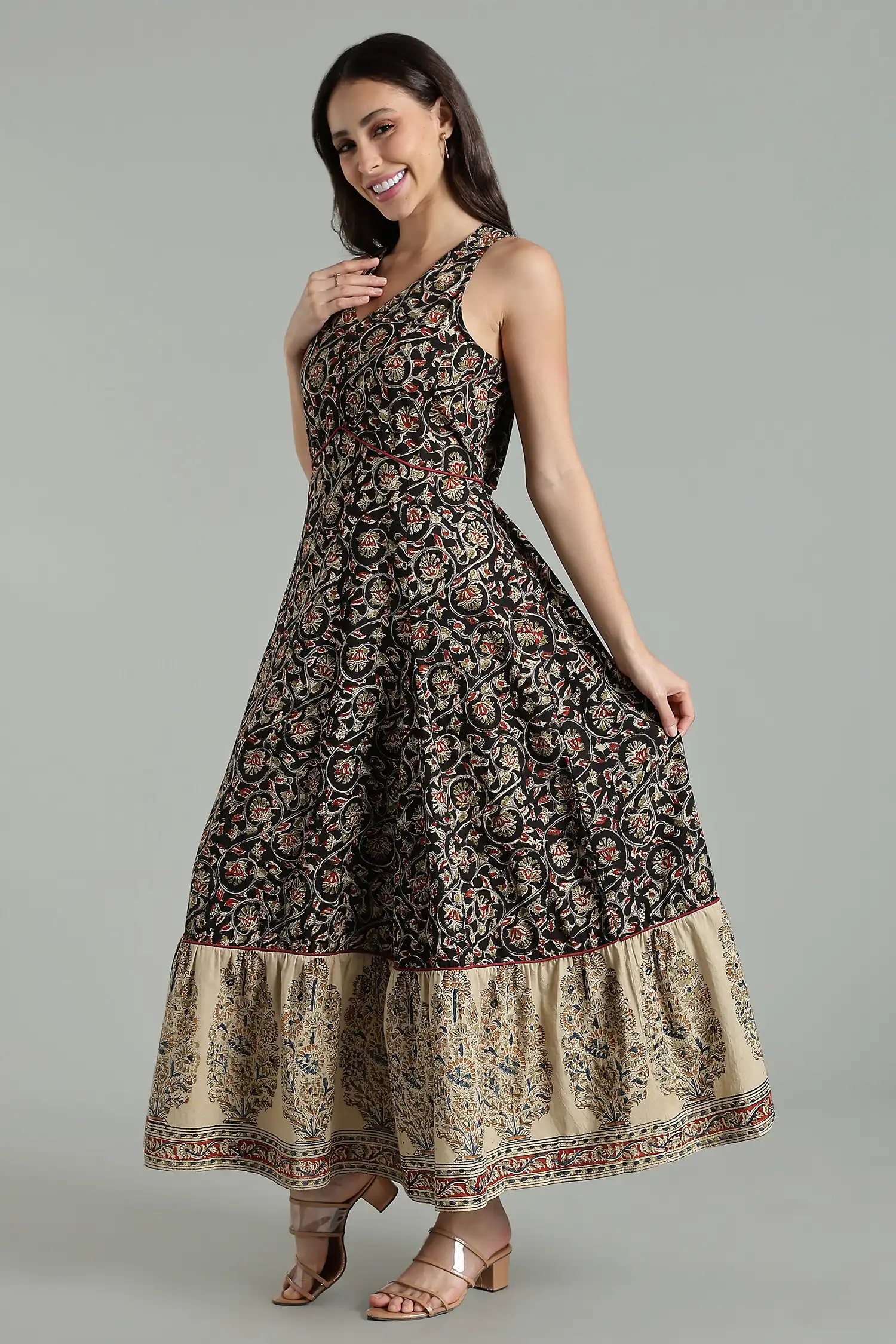 KALAMKARI COTTON DRESS HALTER BORDER TIER - BLACK