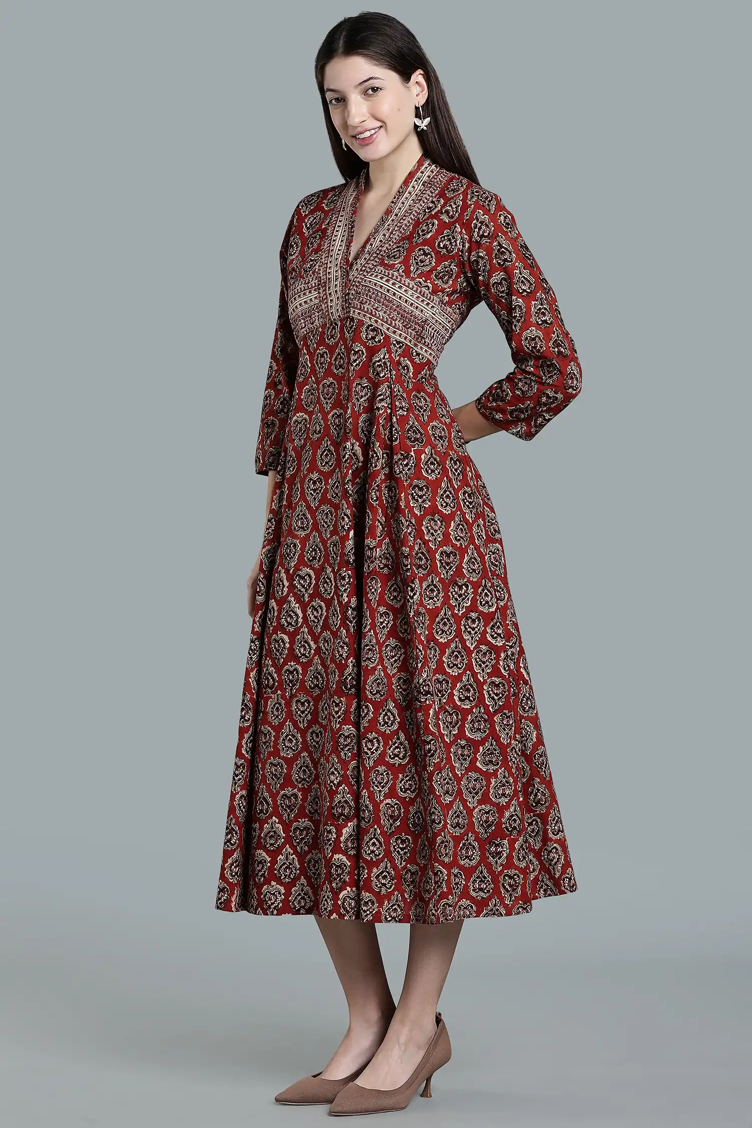 KALAMKARI COTTON DRESS FUNNEL NECK 3Q - RUST