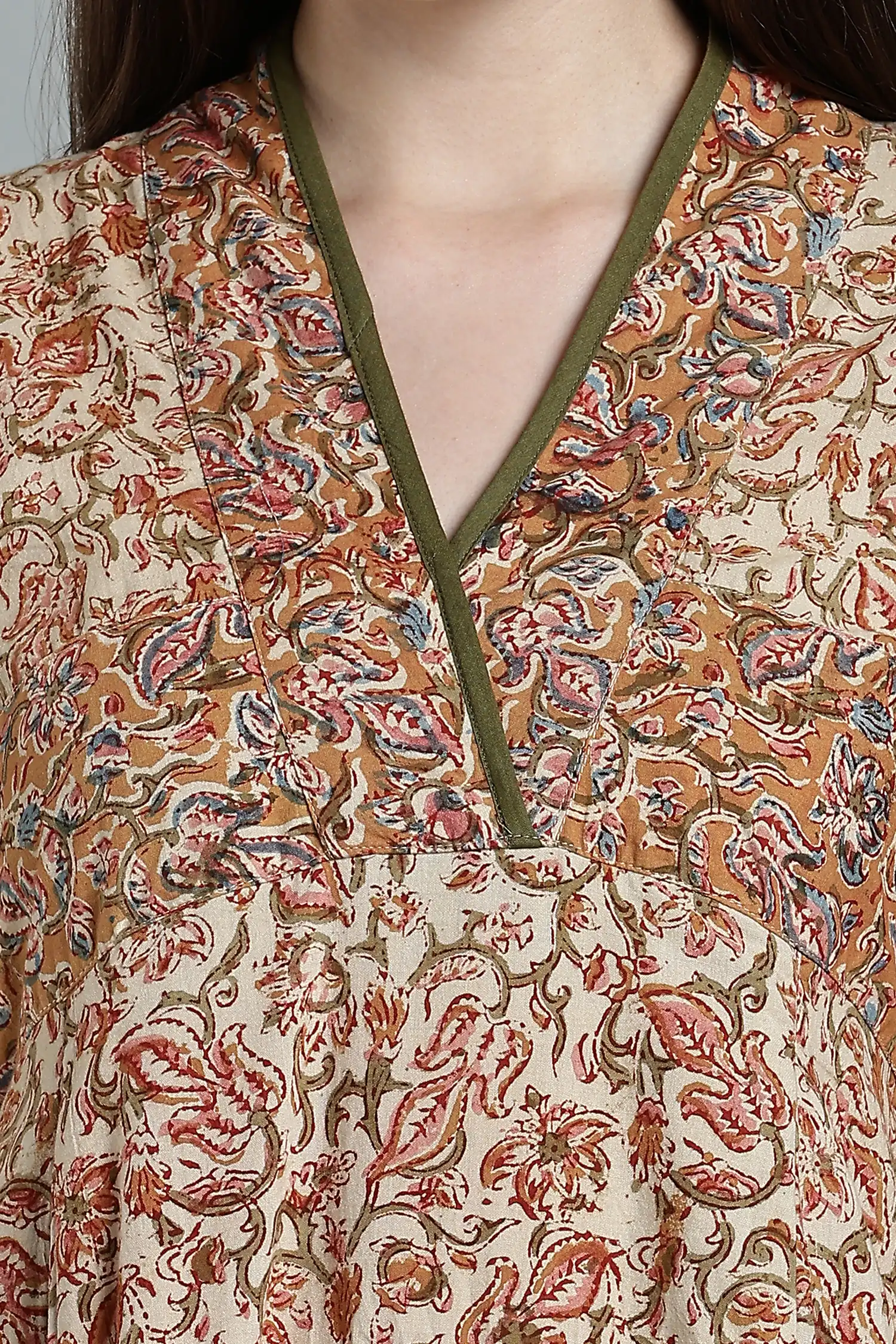KALAMKARI COTTON DRESS FUNNEL NECK 3Q - YELLOW - Image 4