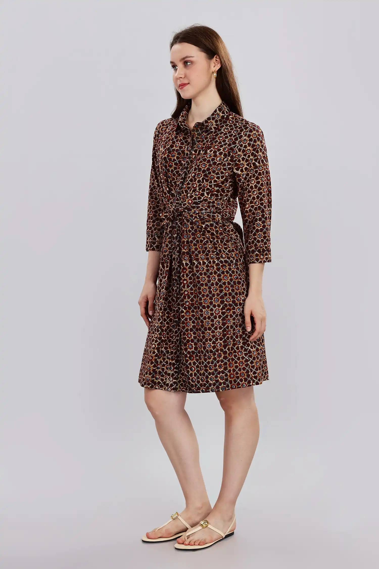 KALAMKARI DRESS COLA REGULAR COLLAR TIE AT WAIST - COLA - Image 2