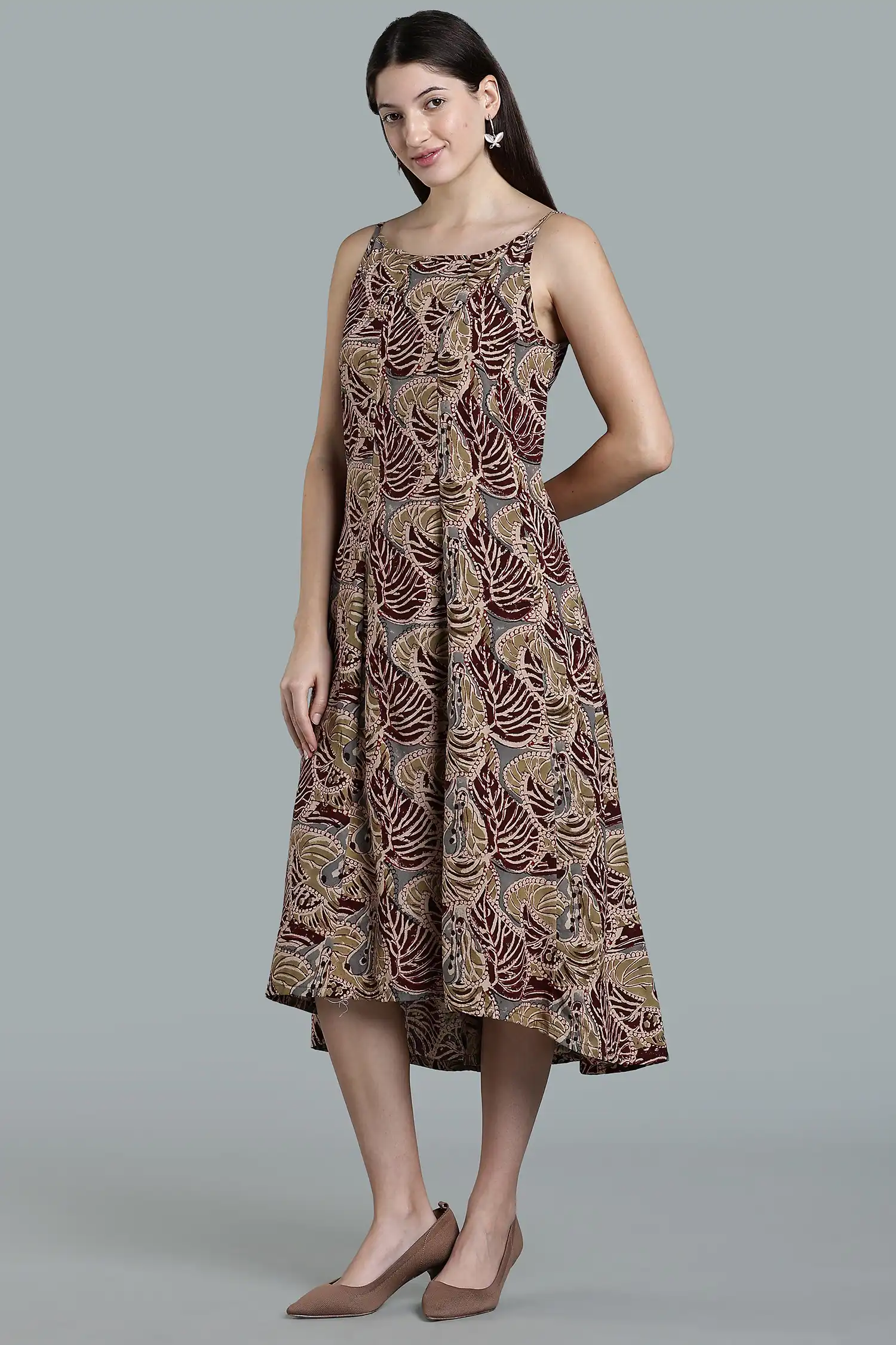 KALAMKARI COTTON STRAP DRESS HIGH LOW HEM - COLA - Image 3
