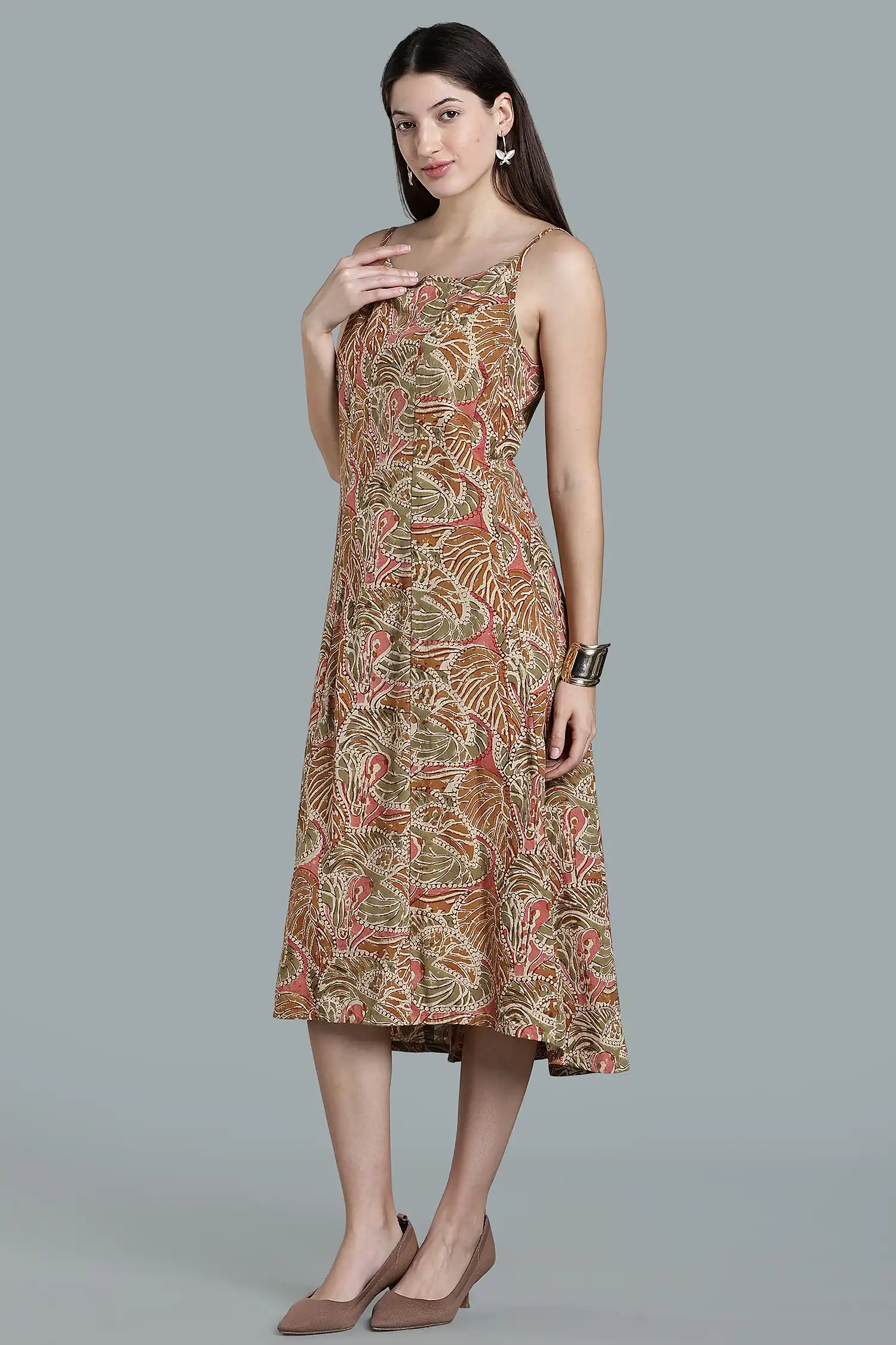 KALAMKARI COTTON STRAP DRESS HIGH LOW HEM - YELLOW - Image 3