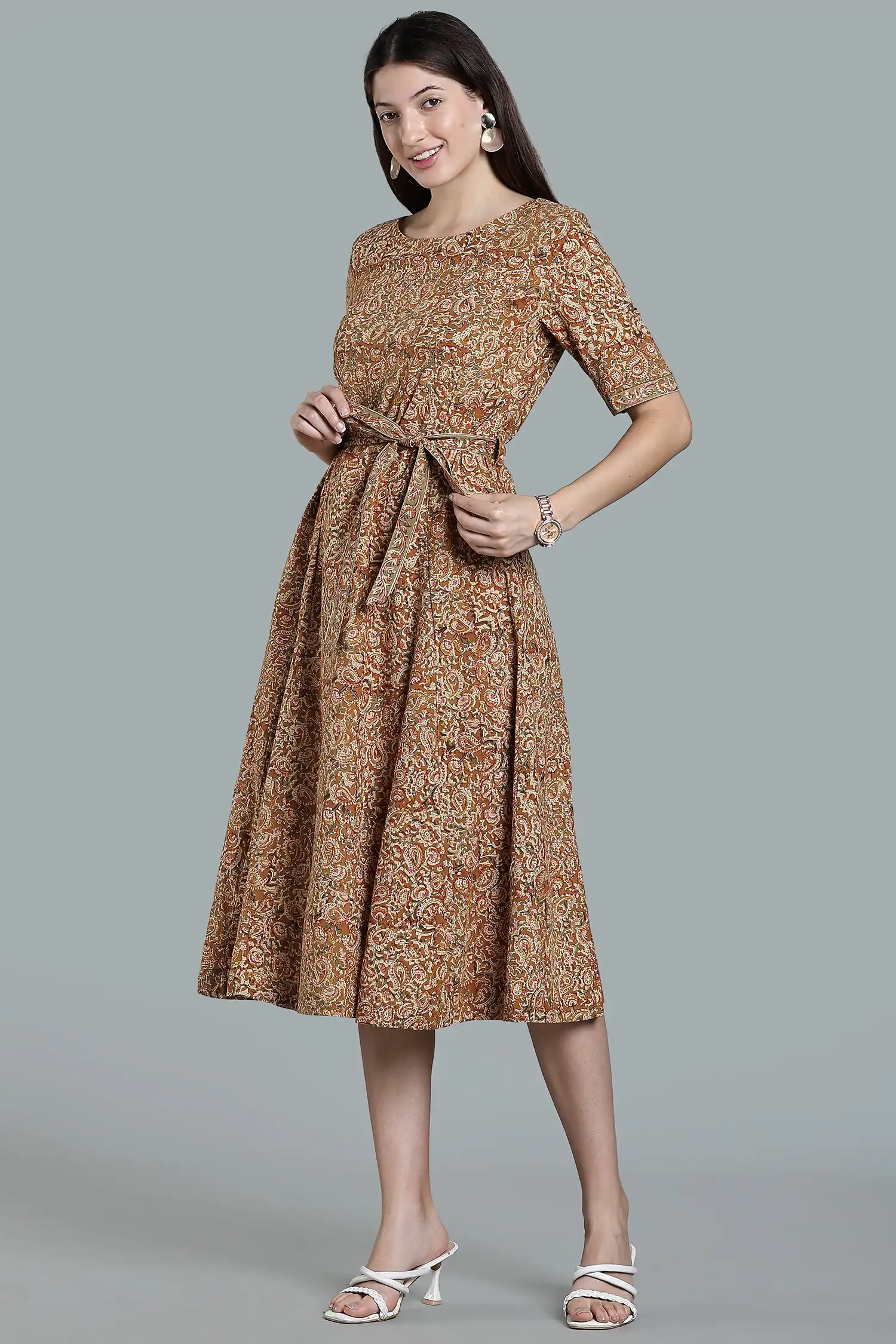 KALAMKARI COTTON DRESS ELBOW SLEEVE BELT DETAIL - YELLOW - Image 6