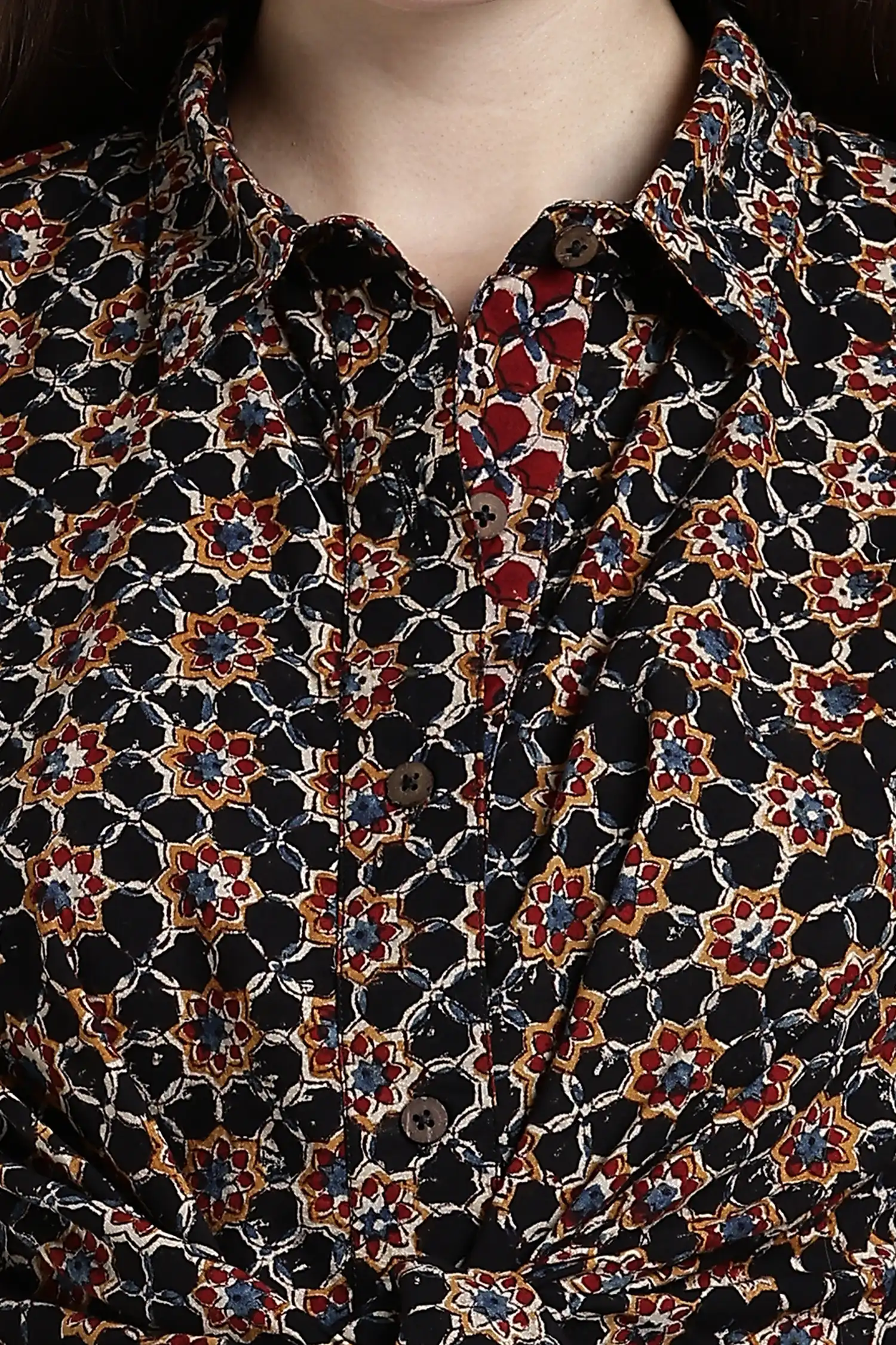 KALAMKARI DRESS BLACK REGULAR COLLAR TIE AT WAIST - BLACK - Image 5