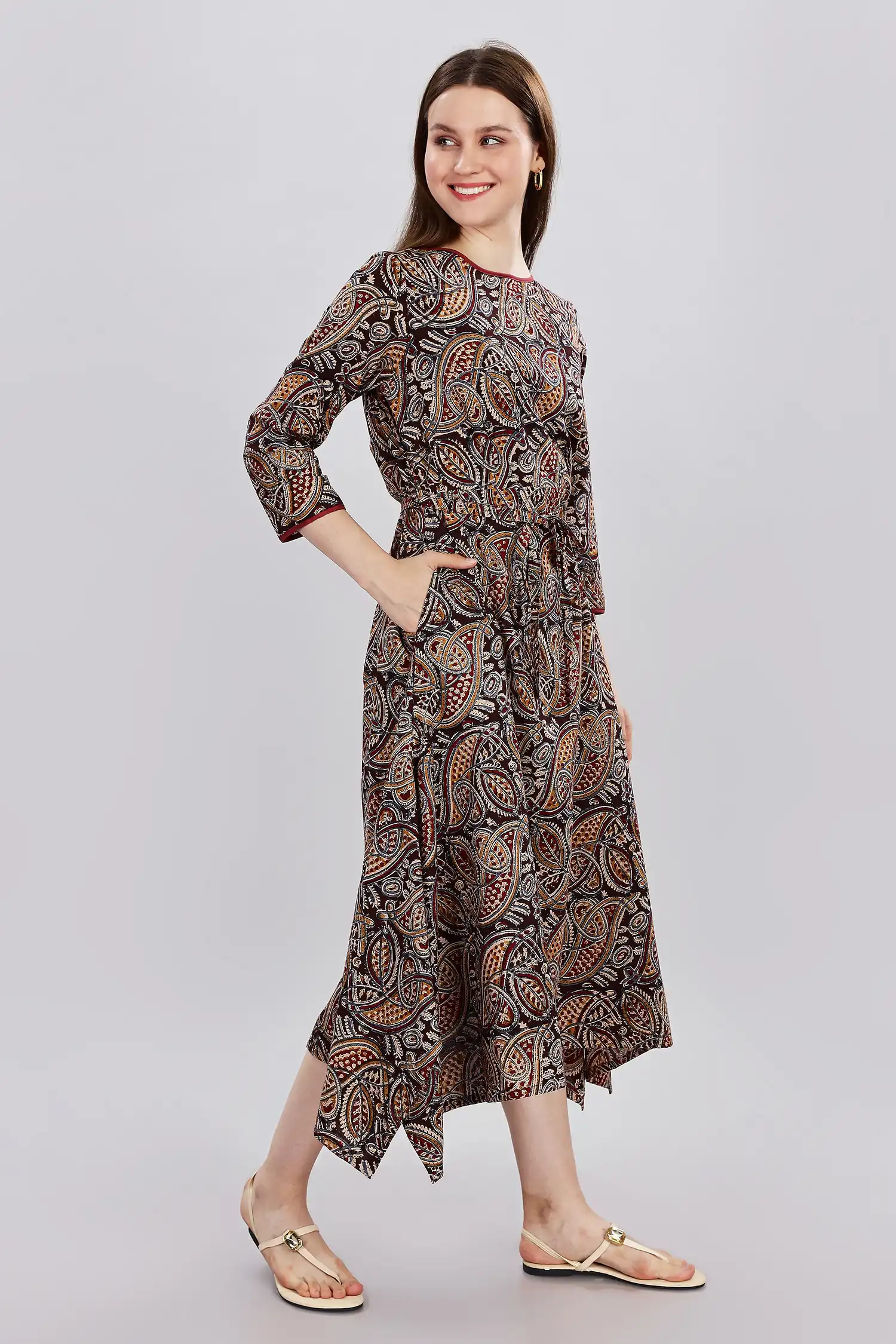KALAMKARI COTTON DRESS BOAT NECK ASSYMMETRIC HEM - BLACK - Image 2