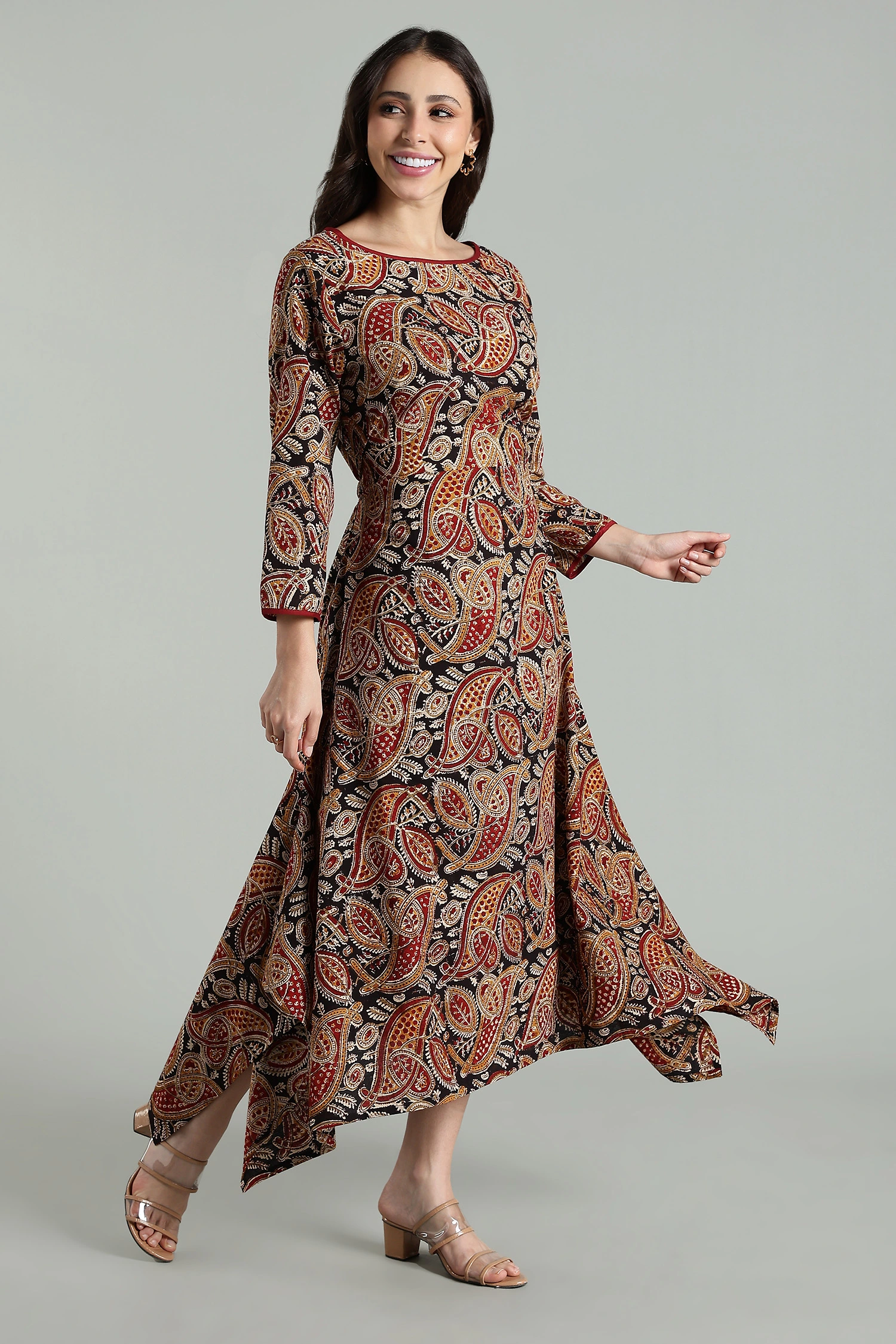 KALAMKARI COTTON DRESS BOAT NECK ASSYMMETRIC HEM - COLA