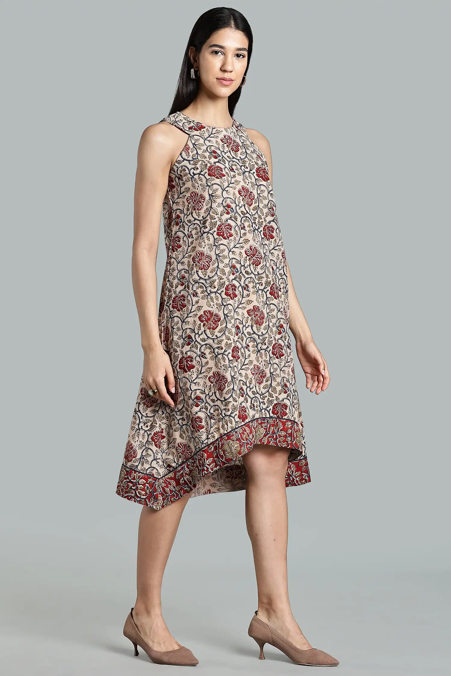 KALAMKARI COTTON DRESS CUT AWAY HIGH LOW HEM - RED - Image 2