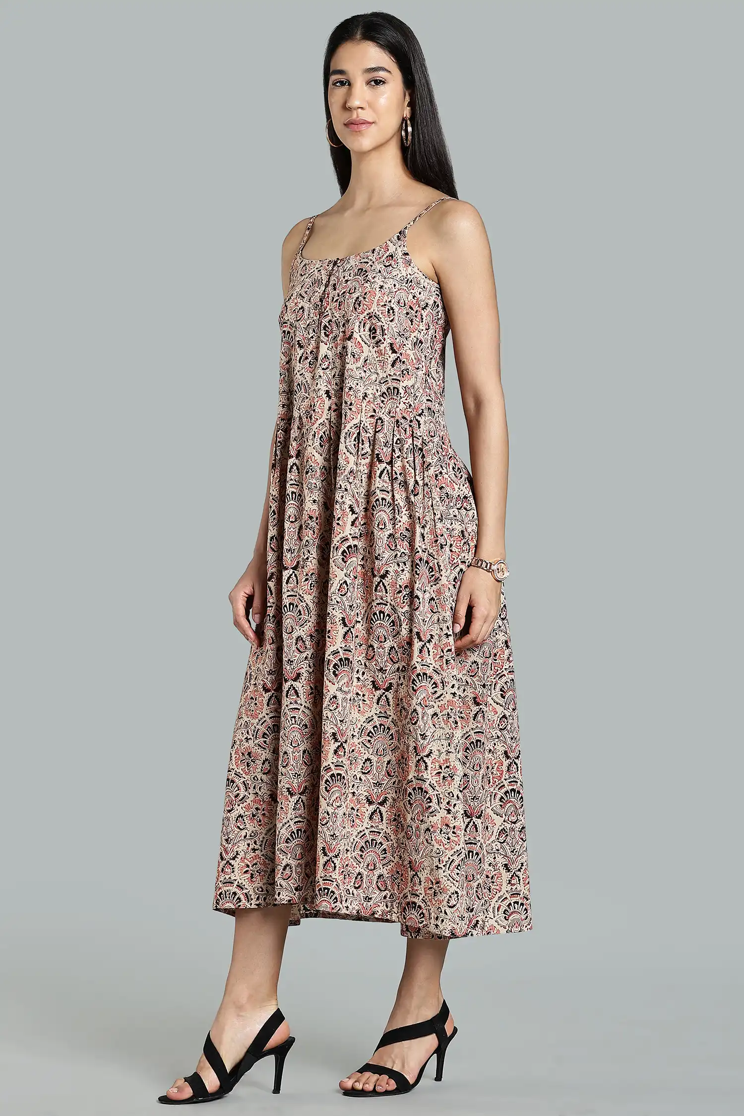 KALAMKARI COTTON DRESS PLEATED STRAP - PINK