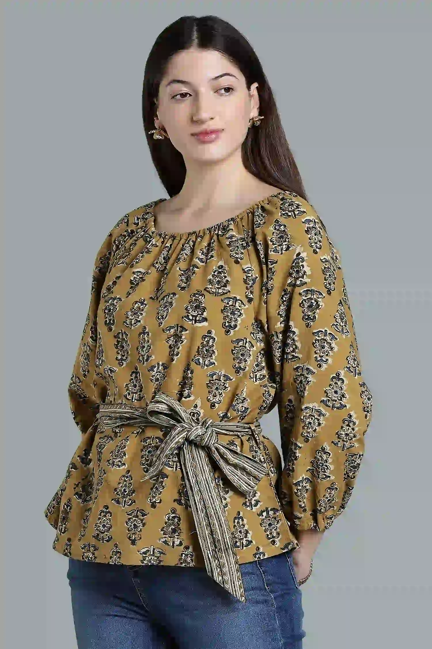 KALAMKARI COTTON TOP RAGLAN BELT DETAIL YELLOW - Image 2