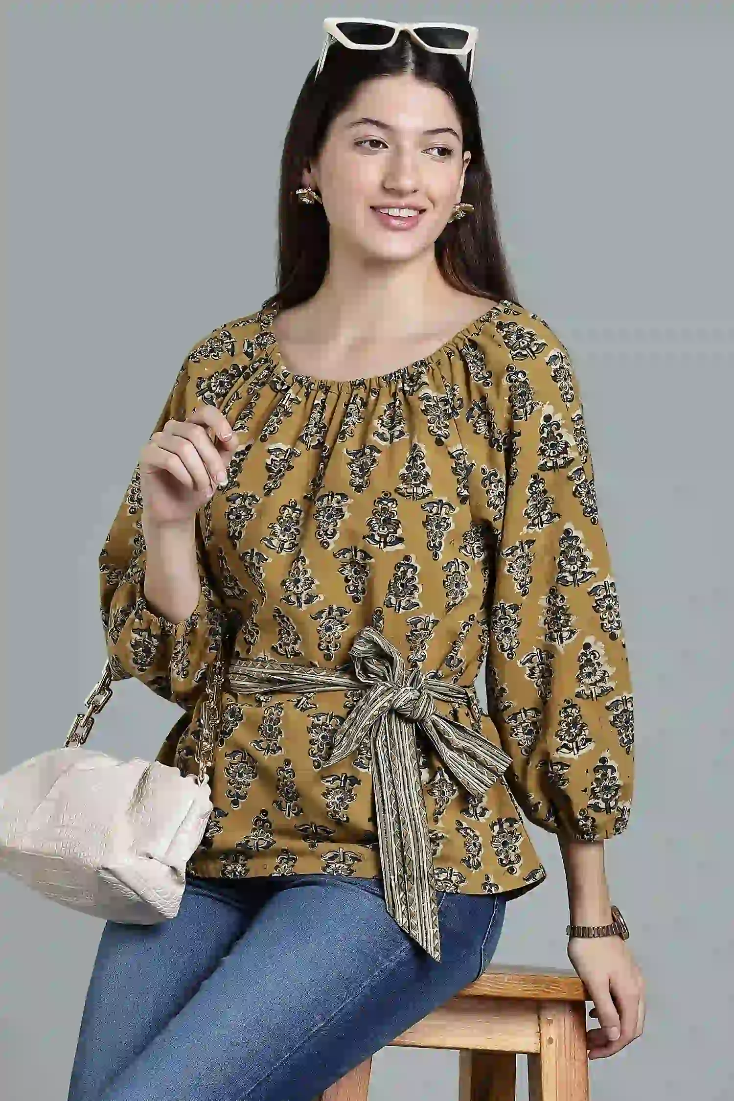 KALAMKARI COTTON TOP RAGLAN BELT DETAIL YELLOW - Image 6