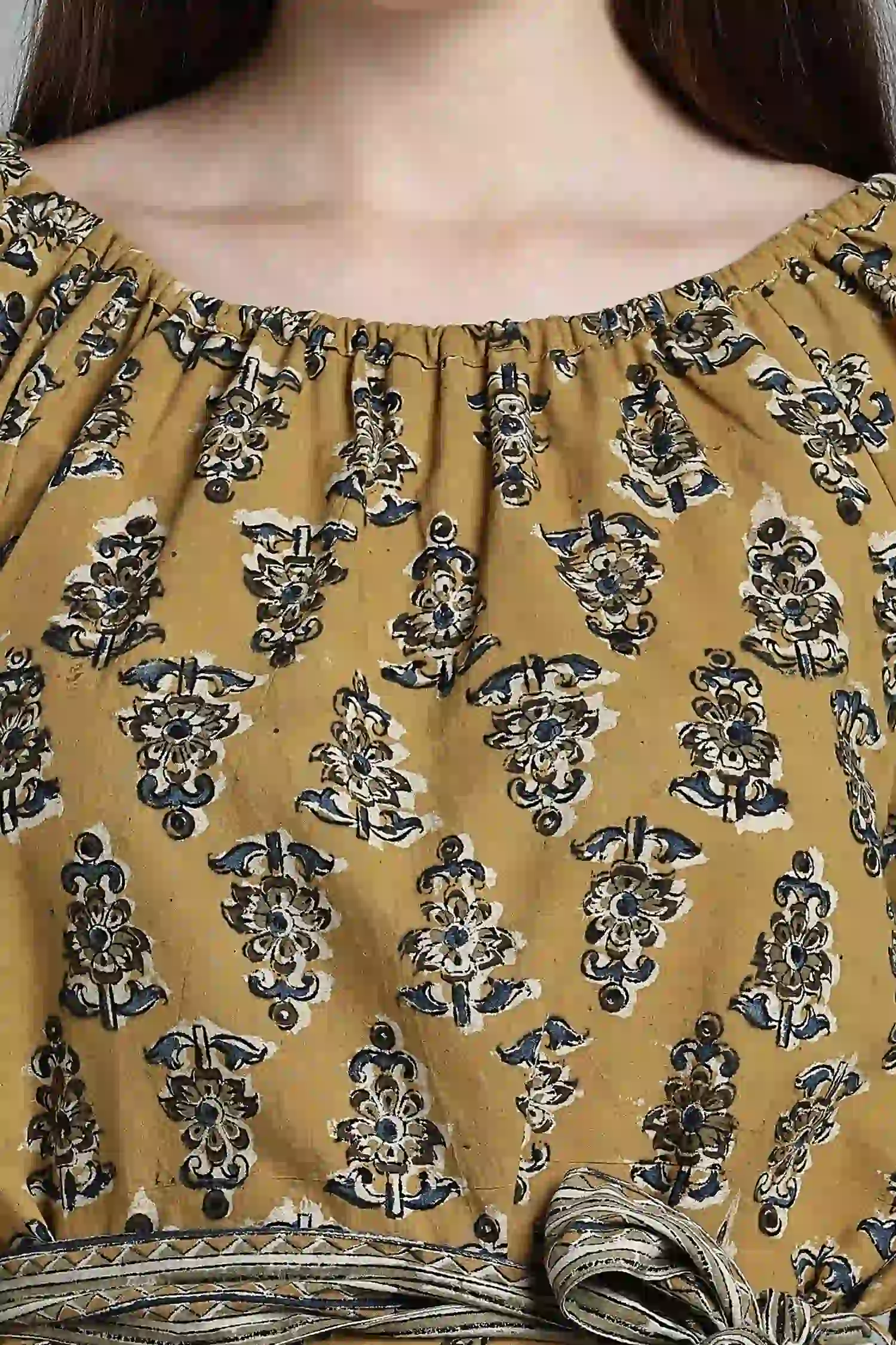 KALAMKARI COTTON TOP RAGLAN BELT DETAIL YELLOW - Image 5