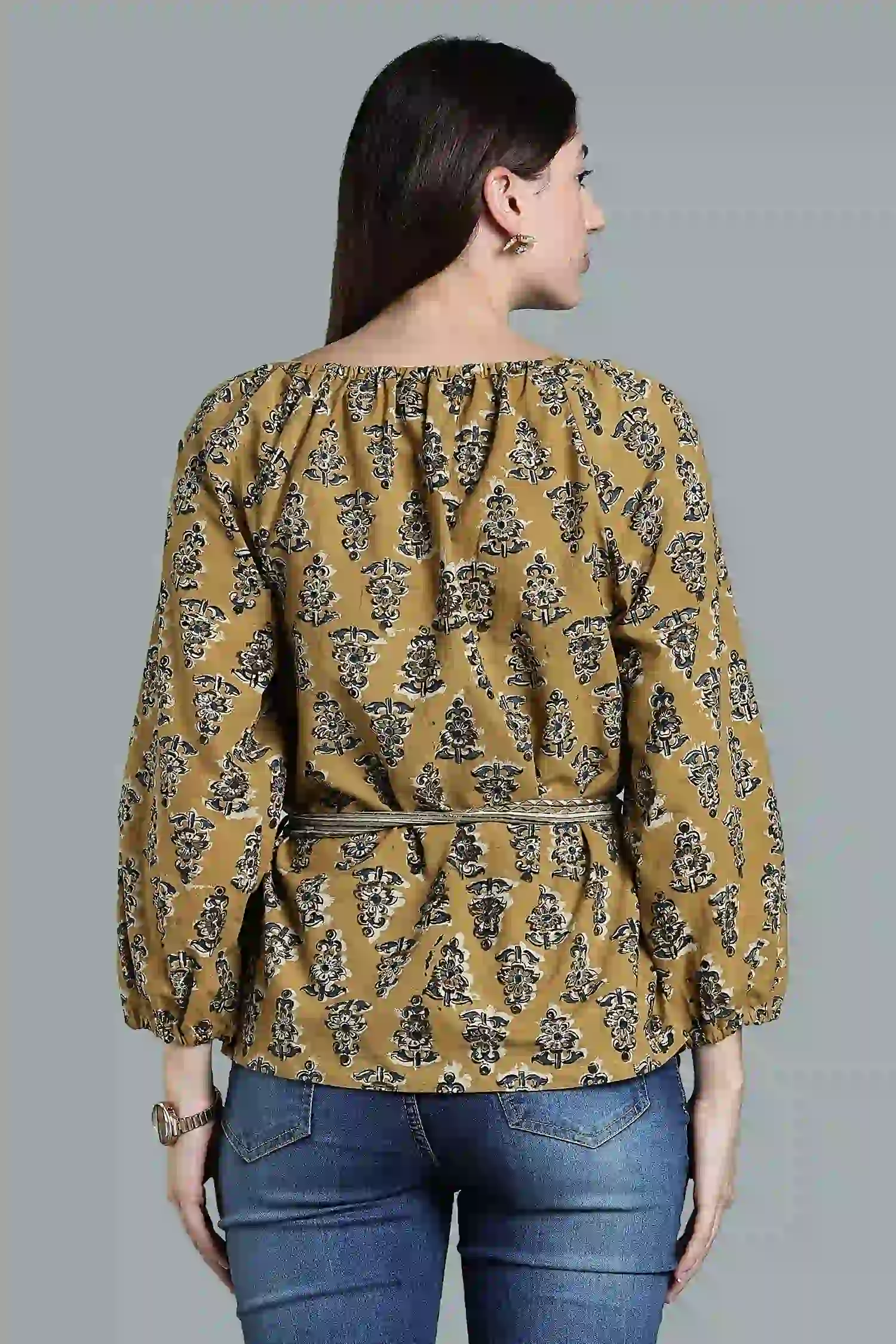 KALAMKARI COTTON TOP RAGLAN BELT DETAIL YELLOW - Image 4