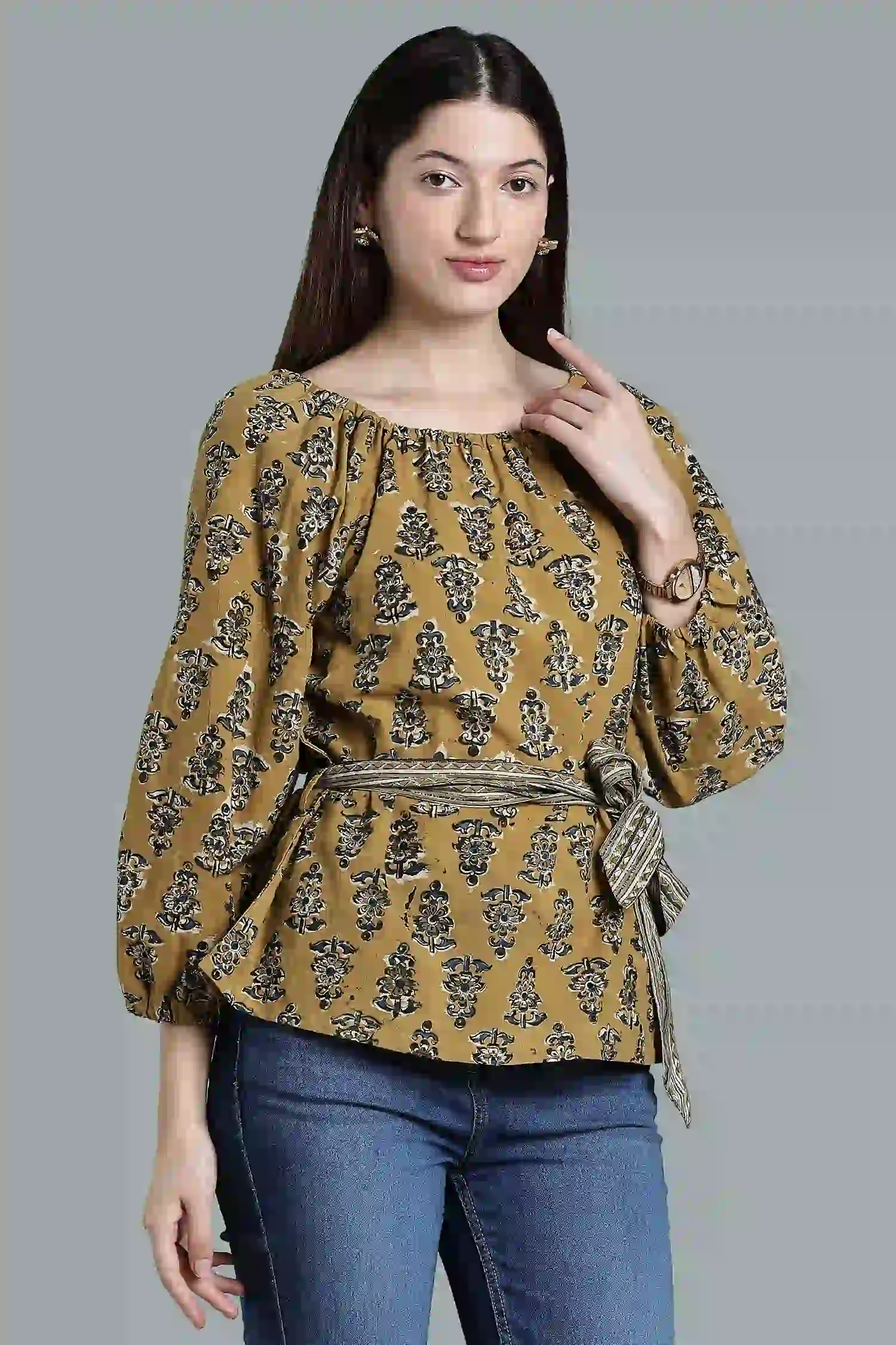 KALAMKARI COTTON TOP RAGLAN BELT DETAIL YELLOW - Image 3