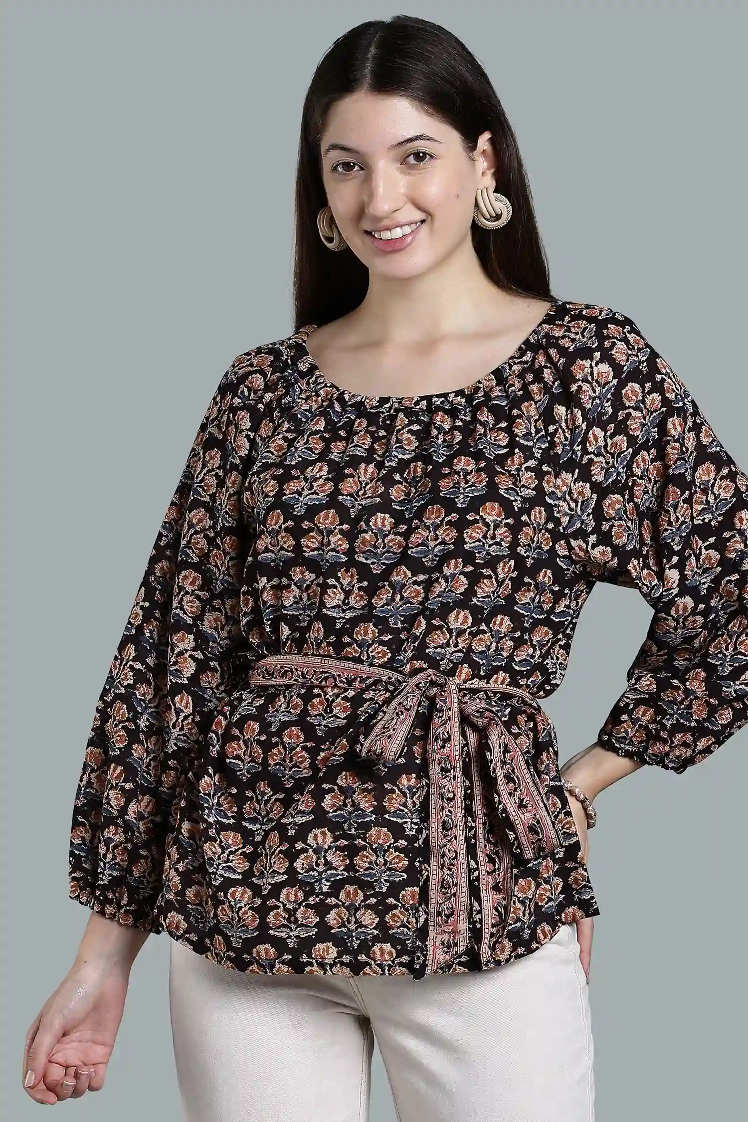 KALAMKARI COTTON TOP RAGLAN BELT DETAIL