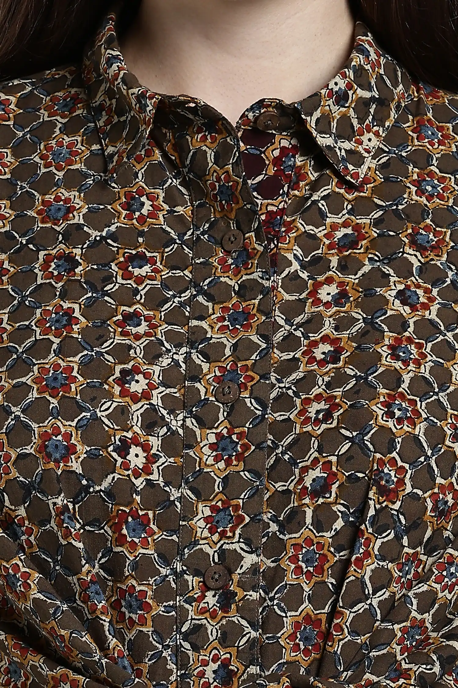 KALAMKARI DRESS GREEN REGULAR COLLAR TIE AT WAIST - GREEN - Image 5