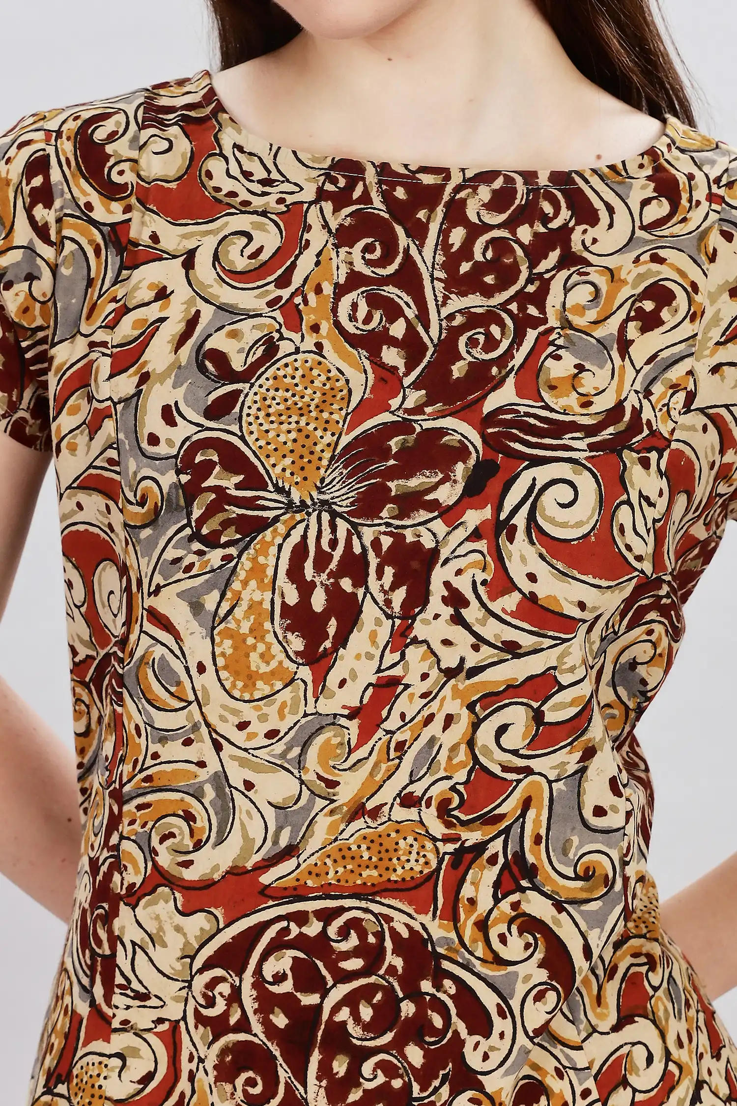 KALAMKARI COTTON DRESS CAP SLEEVES HIGH LOW HEM - COLA - Image 3