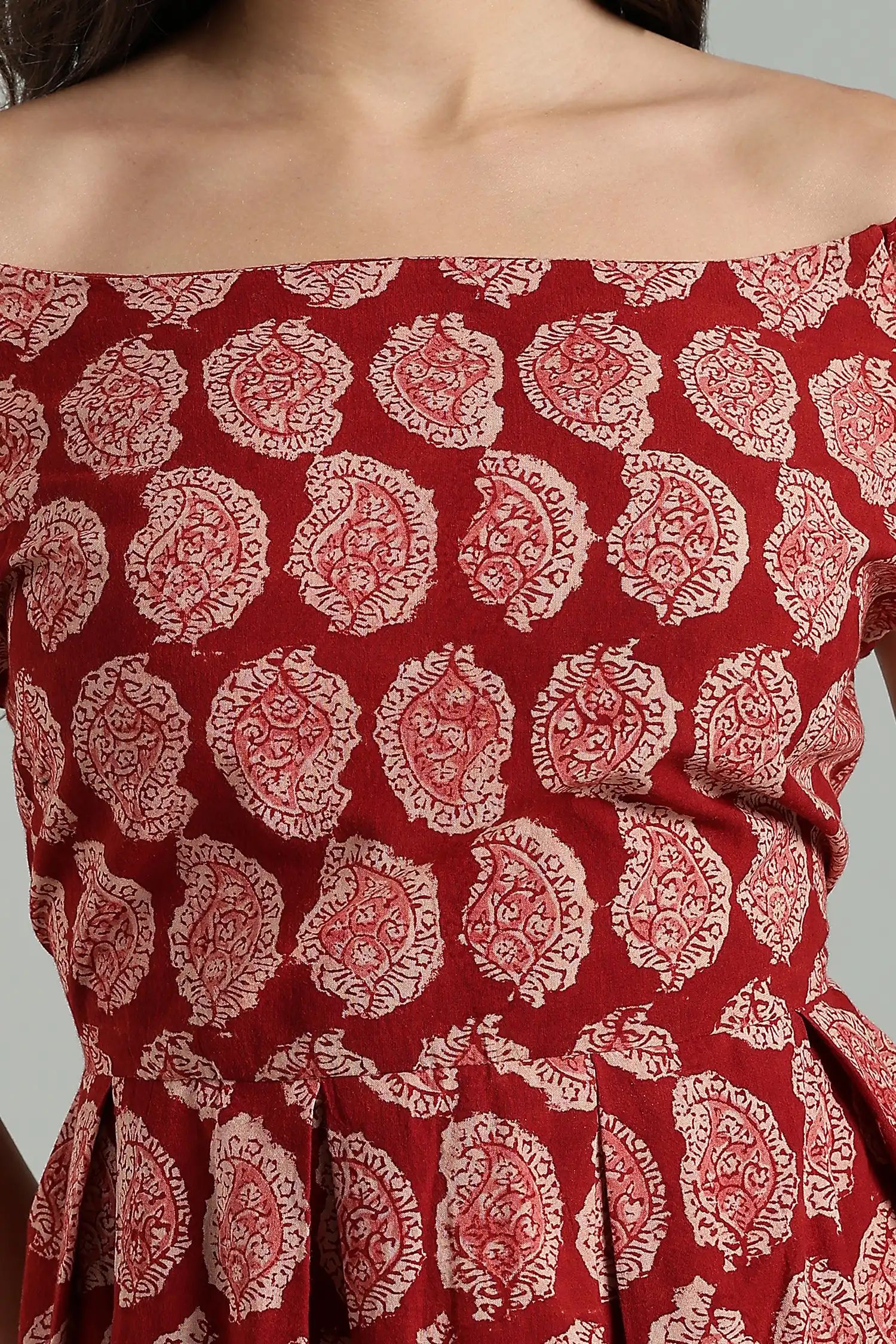 KALAMKARI COTTON DRESS OFF SHOULDER - RED - Image 4