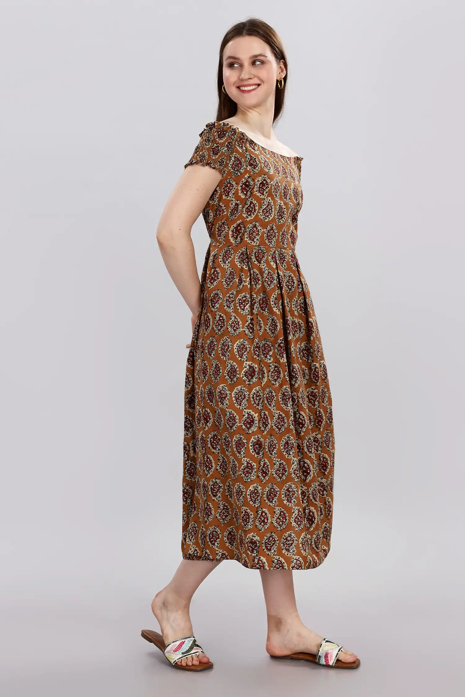 KALAMKARI COTTON DRESS OFF SHOULDER - YELLOW - Image 4