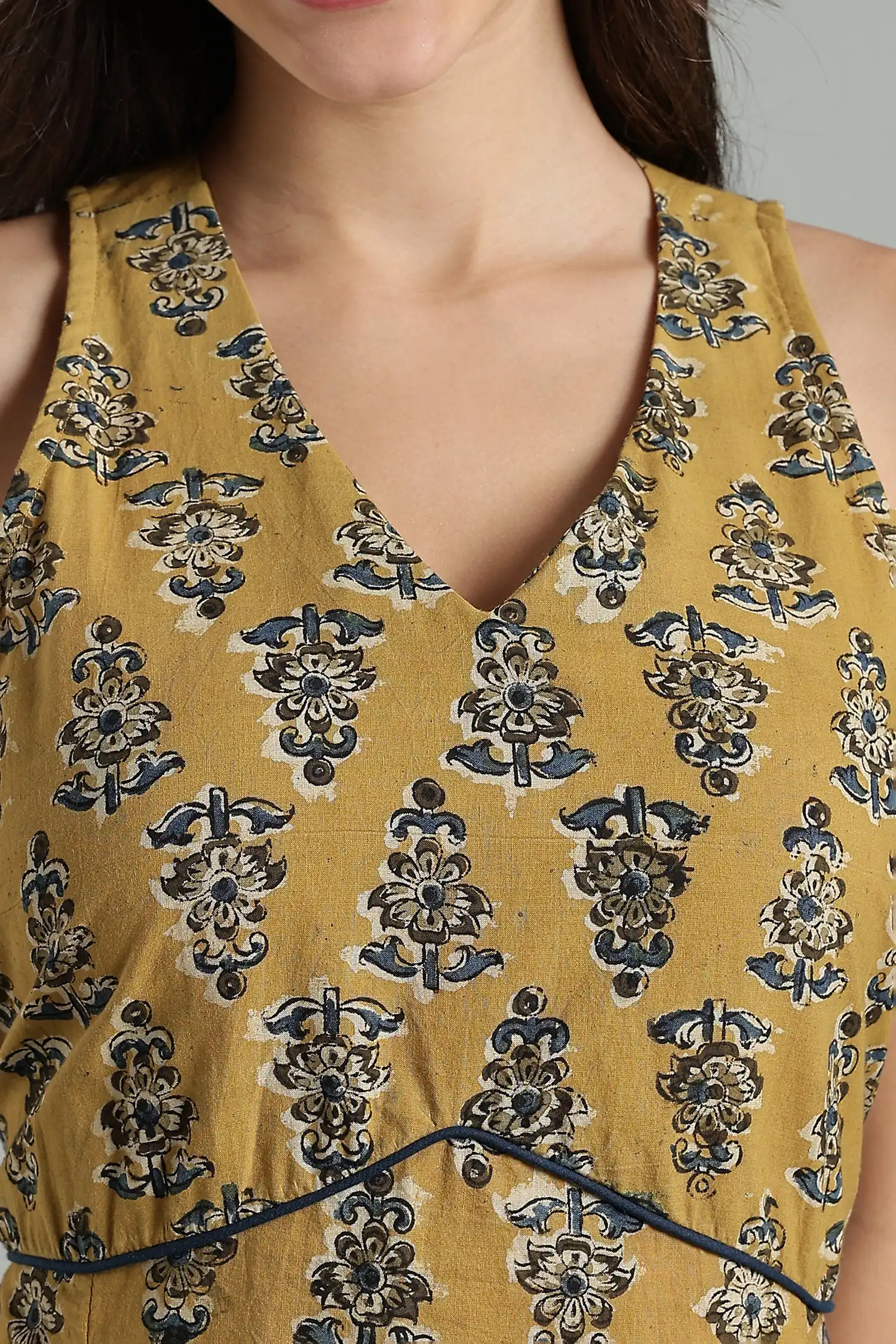 KALAMKARI COTTON DRESS HALTER BORDER TIER - YELLOW - Image 4