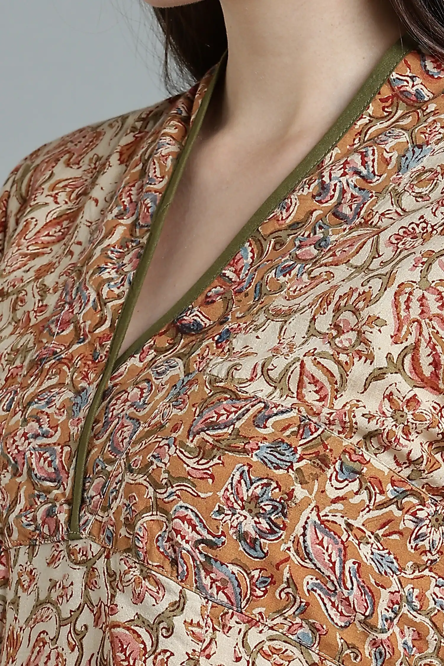KALAMKARI COTTON DRESS FUNNEL NECK 3Q - YELLOW - Image 3