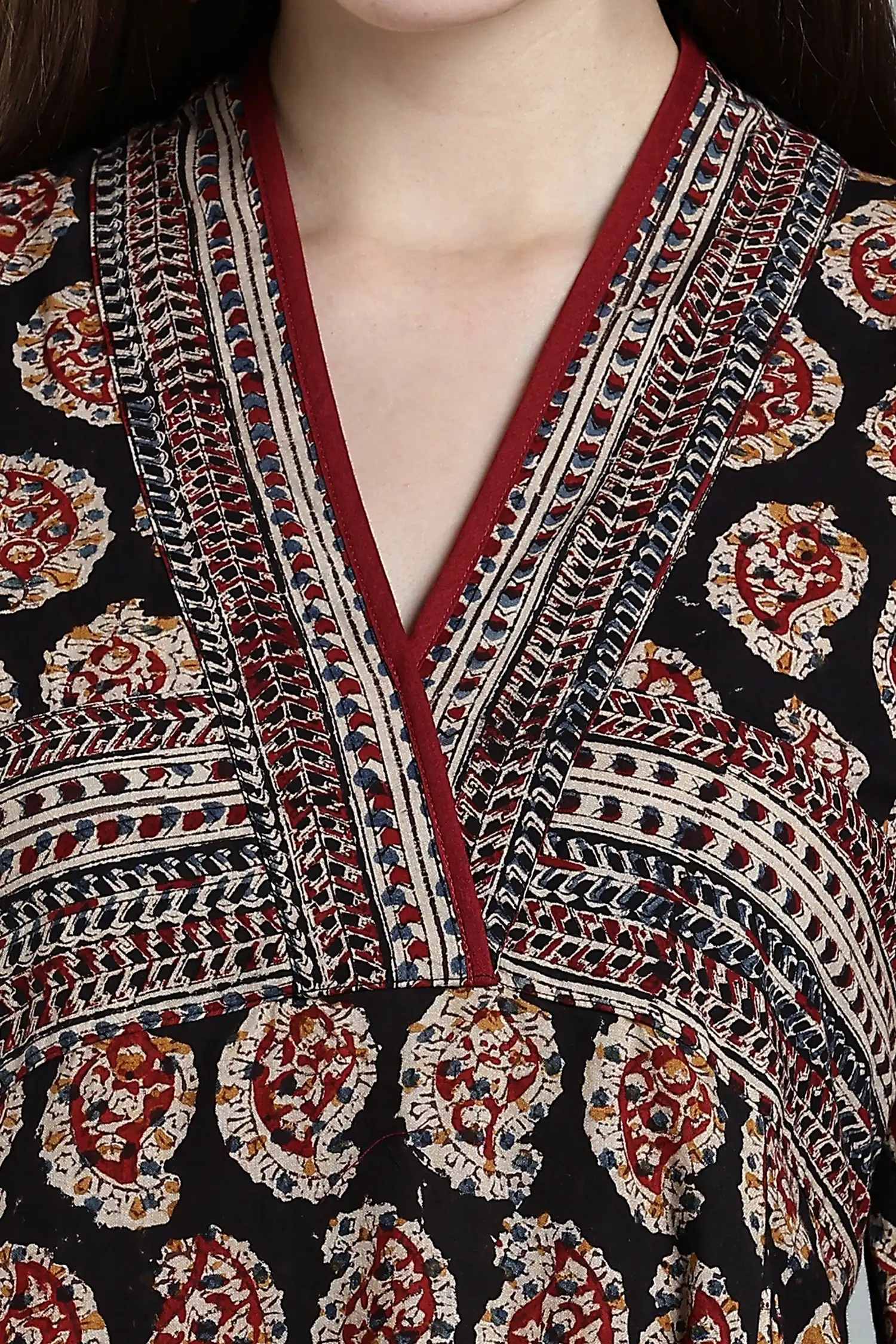 KALAMKARI COTTON DRESS FUNNEL NECK 3Q - BLACK - Image 4