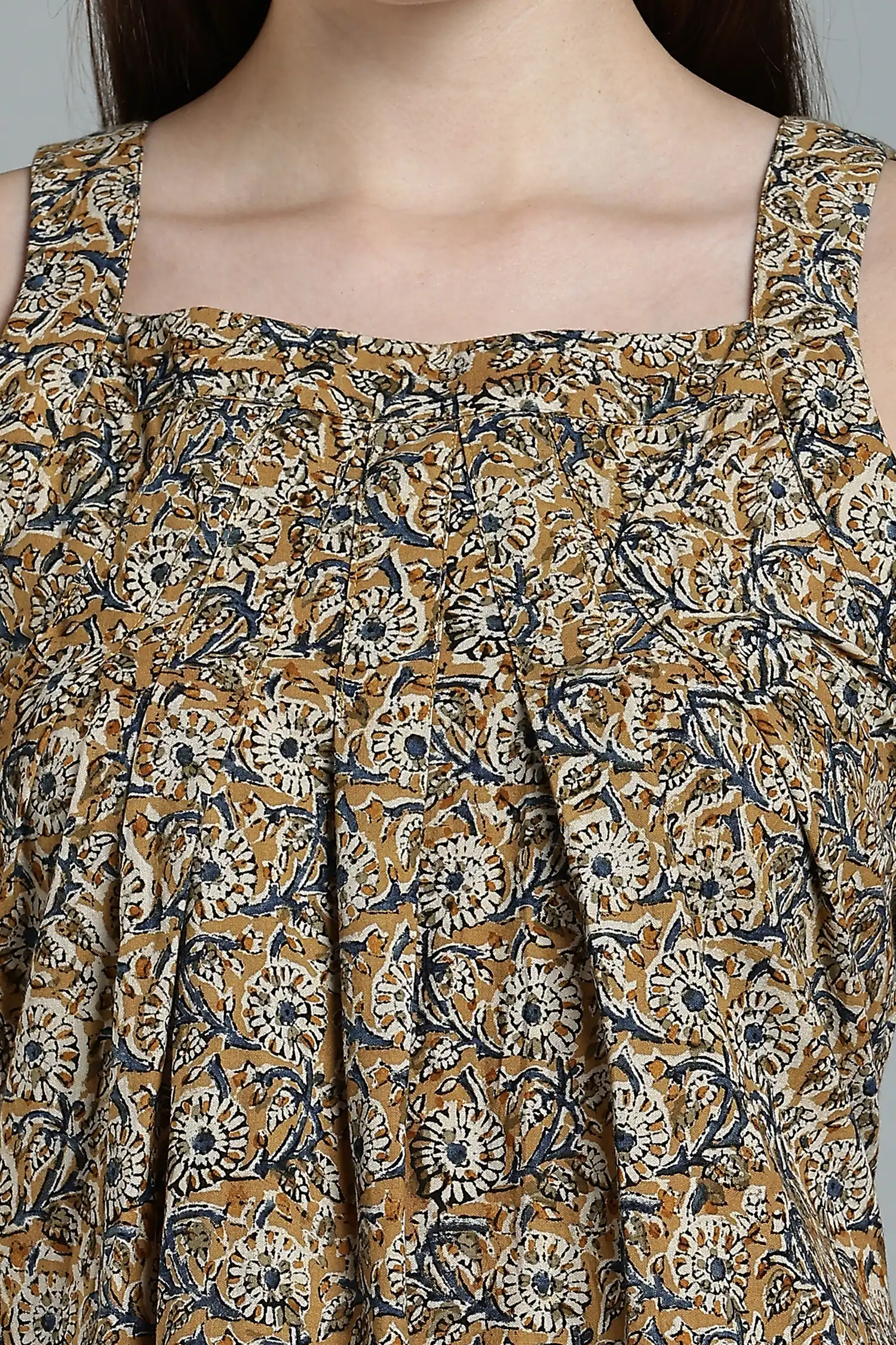 KALAMKARI COTTON DRESS PLEATED NECK DETAIL SLEEVELESS -YELLOW - Image 4