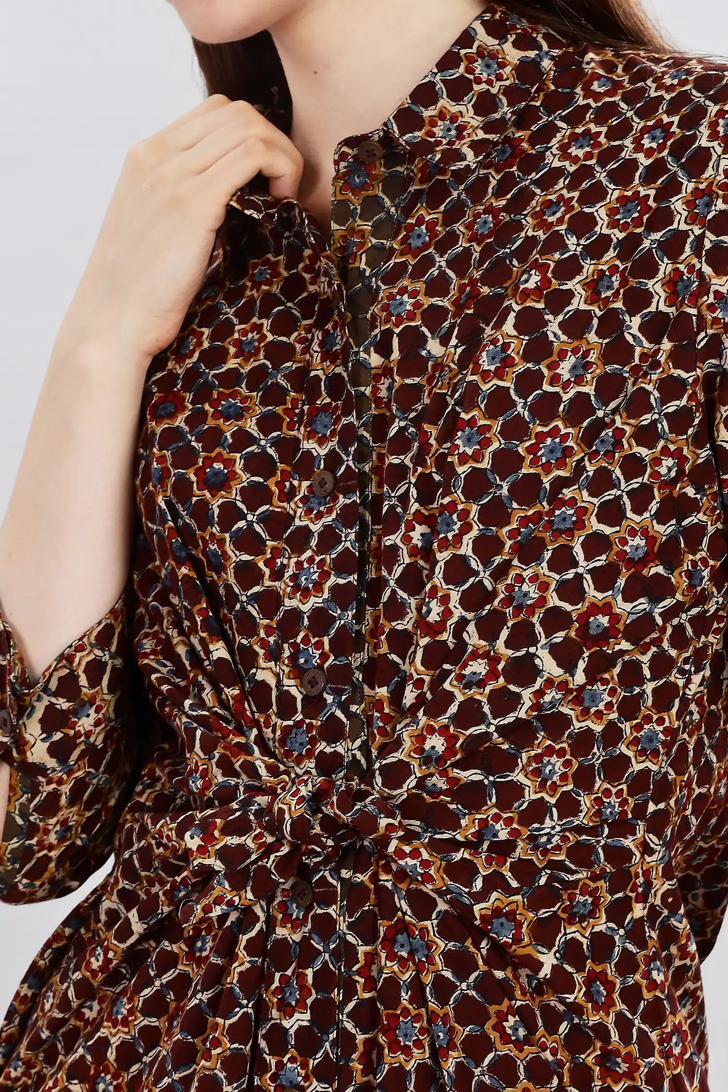 KALAMKARI DRESS COLA REGULAR COLLAR TIE AT WAIST - COLA - Image 5