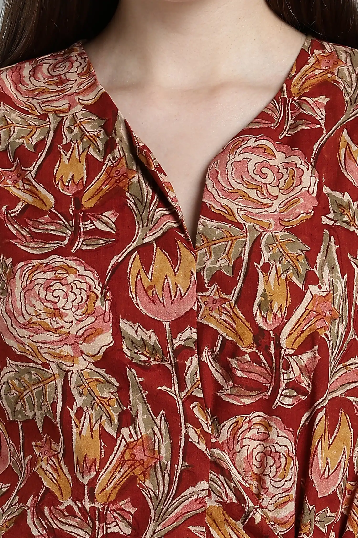 KALAMKARI COTTON DRESS CROSSOVER TIE AT WAIST - ORANGE - Image 4