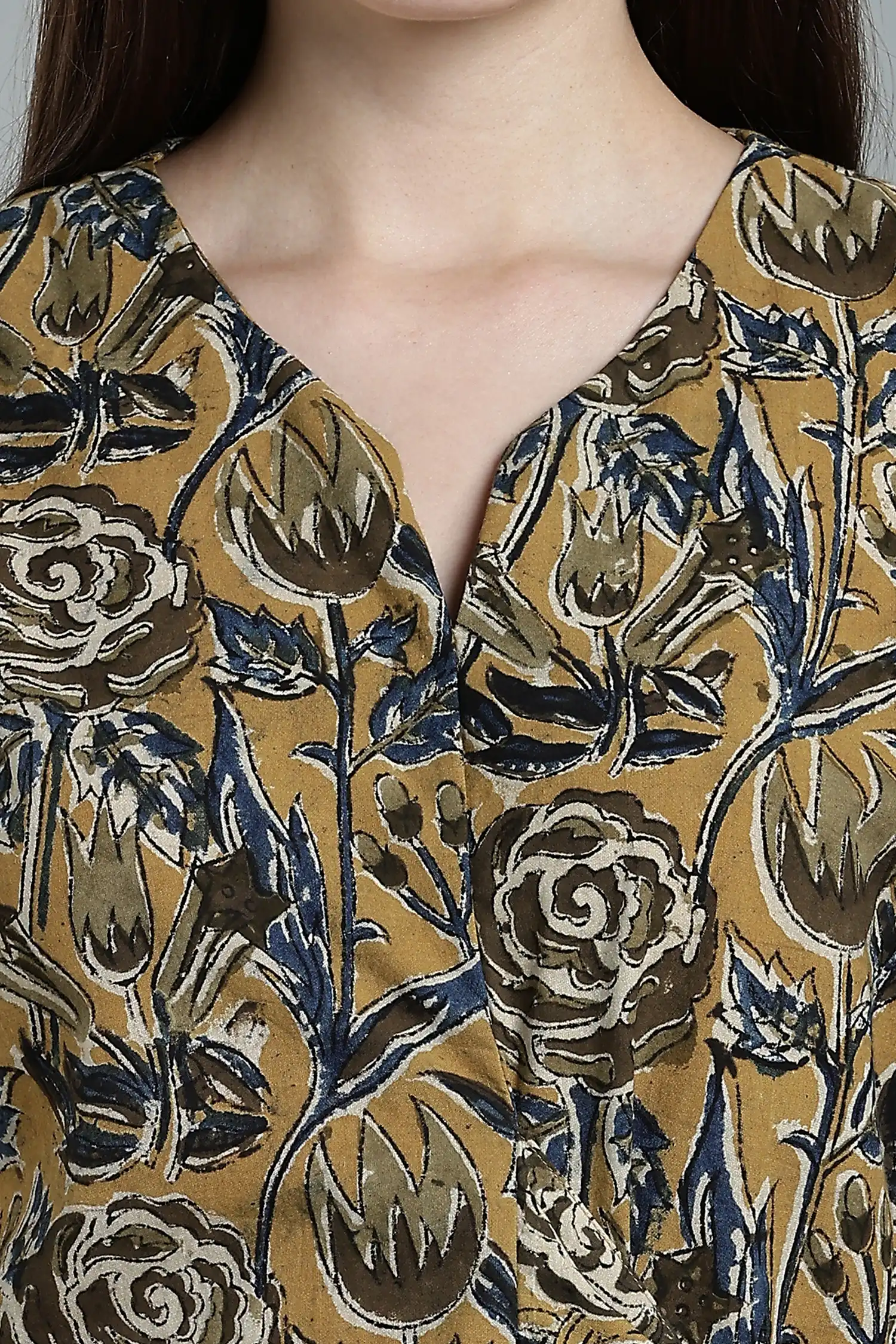 KALAMKARI COTTON DRESS CROSSOVER TIE AT WAIST - YELLOW - Image 4