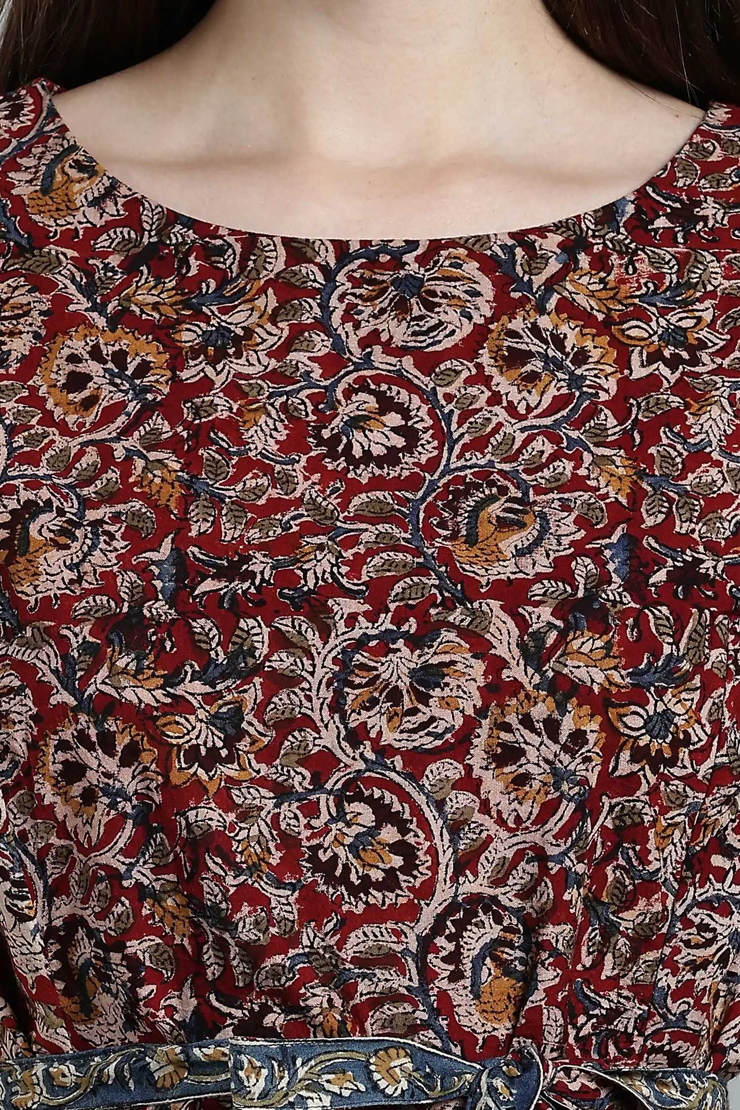 KALAMKARI COTTON DRESS ELBOW SLEEVE BELT DETAIL - RED - Image 4